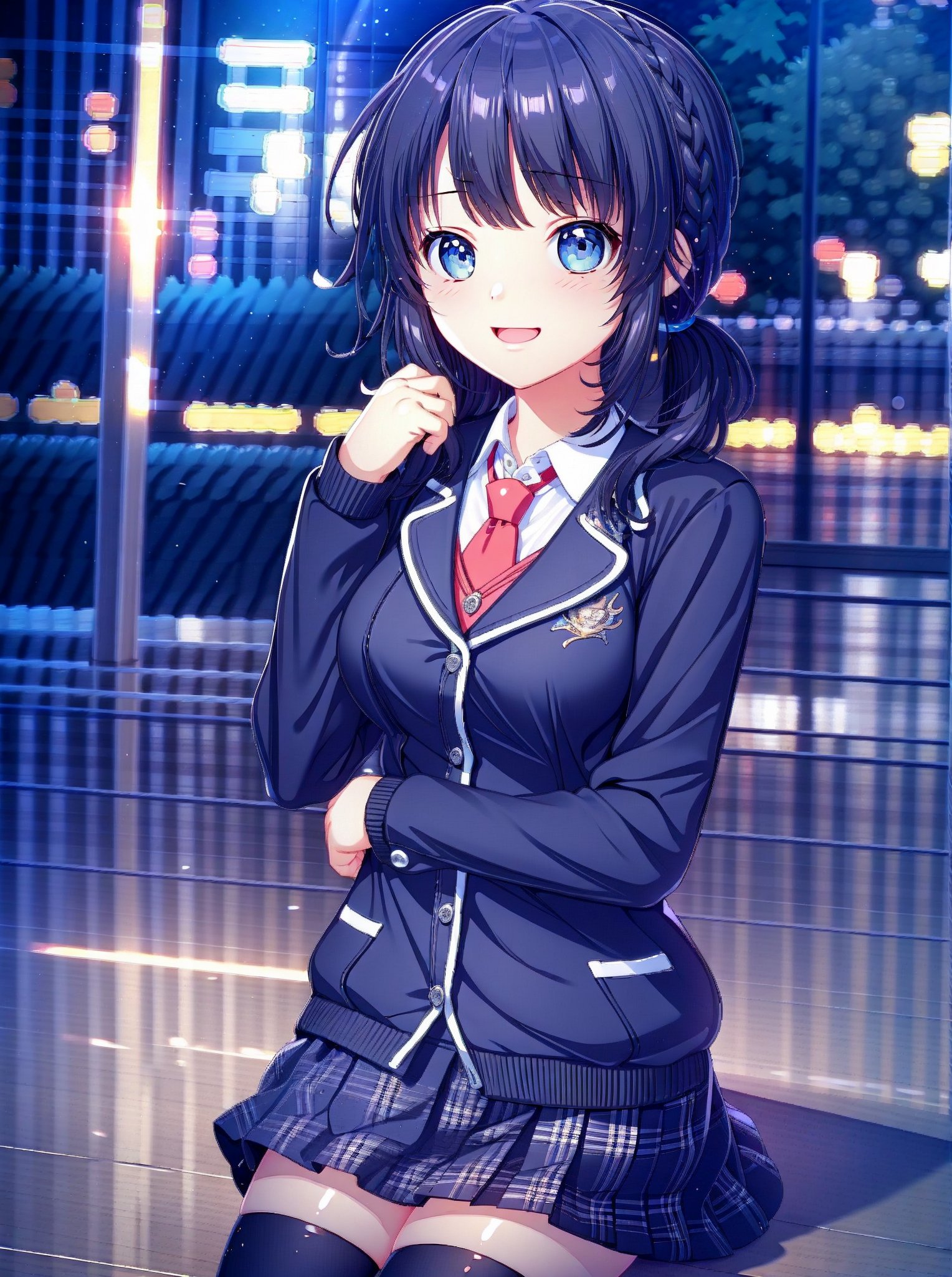 vibrant colors, female, masterpiece, sharp focus, 
best quality, depth of field, cinematic lighting, ((solo, one girl )), 
(illustration, 8k CG, extremely detailed), masterpiece, 
ultra-detailed,
a cute girl with her vibrant presence. 
The detailed illustration captures modern city,
dressed in idol outfit beautifull, 
she moves with precision and elegance. 
The backdrop echoes the energy of a spirited crowd on modern city  
Her captivating presence shines through, 
cute female, Kiriha, Tsukimizaka Kiriha, 1girl, solo, long hair, looking at viewer, smile, open mouth, bangs, blue eyes, skirt, shirt, black hair, hair ornament, thighhighs, long sleeves, sitting, school uniform, white shirt, braid, pleated skirt, outdoors, necktie, shiny, collared shirt, black thighhighs, miniskirt, blunt bangs, black skirt, blurry, shiny hair, side ponytail, sweater, zettai ryouiki, coat, plaid, plaid skirt, scrunchie, wing collar, red necktie, hair over shoulder, lens flare, hair scrunchie, black coat, blue scrunchie