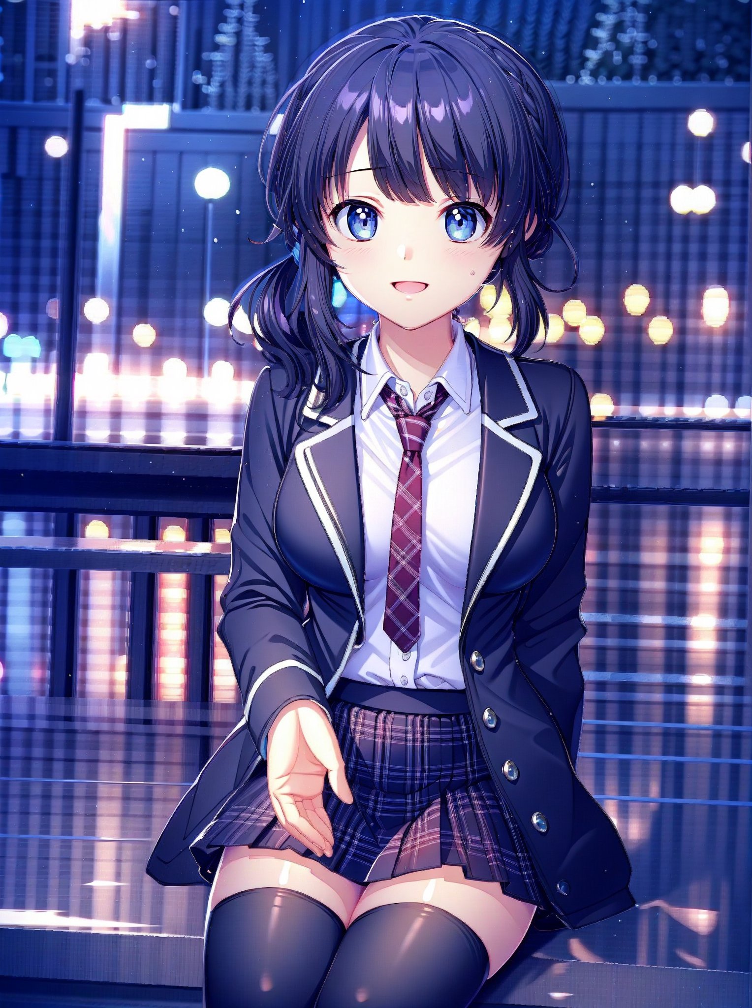 vibrant colors, female, masterpiece, sharp focus, 
best quality, depth of field, cinematic lighting, ((solo, one girl )), 
(illustration, 8k CG, extremely detailed), masterpiece, 
ultra-detailed,
a cute girl with her vibrant presence. 
The detailed illustration captures modern city,
dressed in idol outfit beautifull, 
she moves with precision and elegance. 
The backdrop echoes the energy of a spirited crowd on modern city  
Her captivating presence shines through, 
cute female, Kiriha, Tsukimizaka Kiriha, 1girl, solo, long hair, looking at viewer, smile, open mouth, bangs, blue eyes, skirt, shirt, black hair, hair ornament, thighhighs, long sleeves, sitting, school uniform, white shirt, braid, pleated skirt, outdoors, necktie, shiny, collared shirt, black thighhighs, miniskirt, blunt bangs, black skirt, blurry, shiny hair, side ponytail, sweater, zettai ryouiki, coat, plaid, plaid skirt, scrunchie, wing collar, red necktie, hair over shoulder, lens flare, hair scrunchie, black coat, blue scrunchie