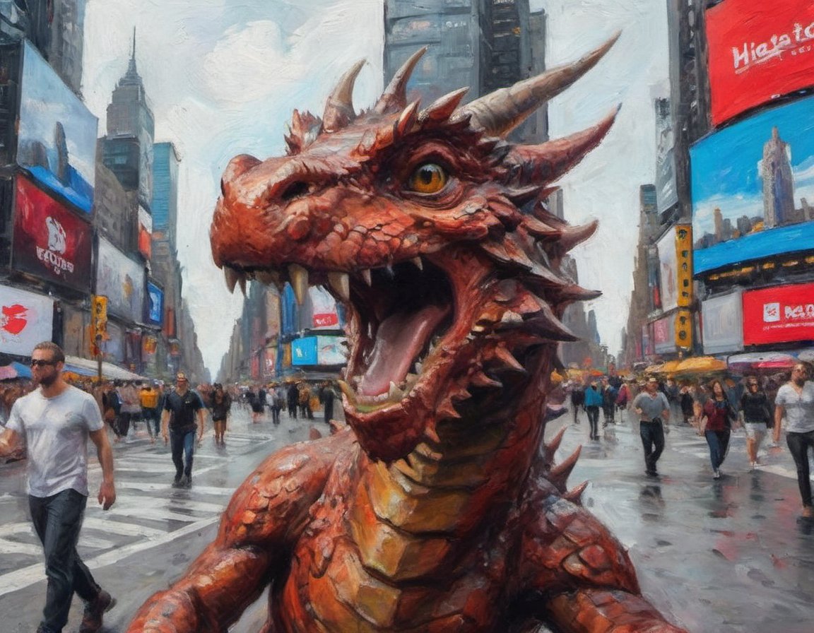 painting A hyper-realistic GoPro selfie of a dragon in times square