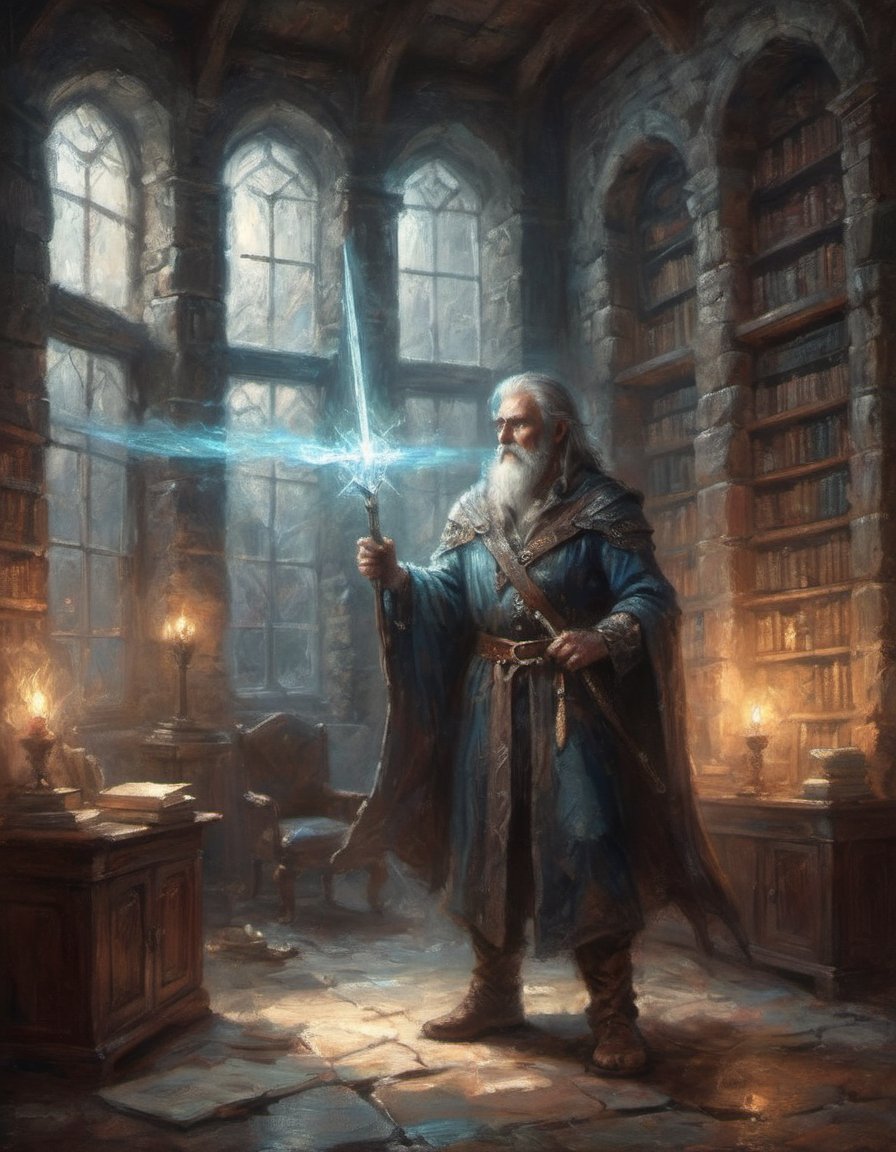 a fantasy warrior wizard holding a crystal-topped staff and sword glowing magical energies dramatic pose standing in his lofty study with stone walls and tall bookcases and frosted glass windows