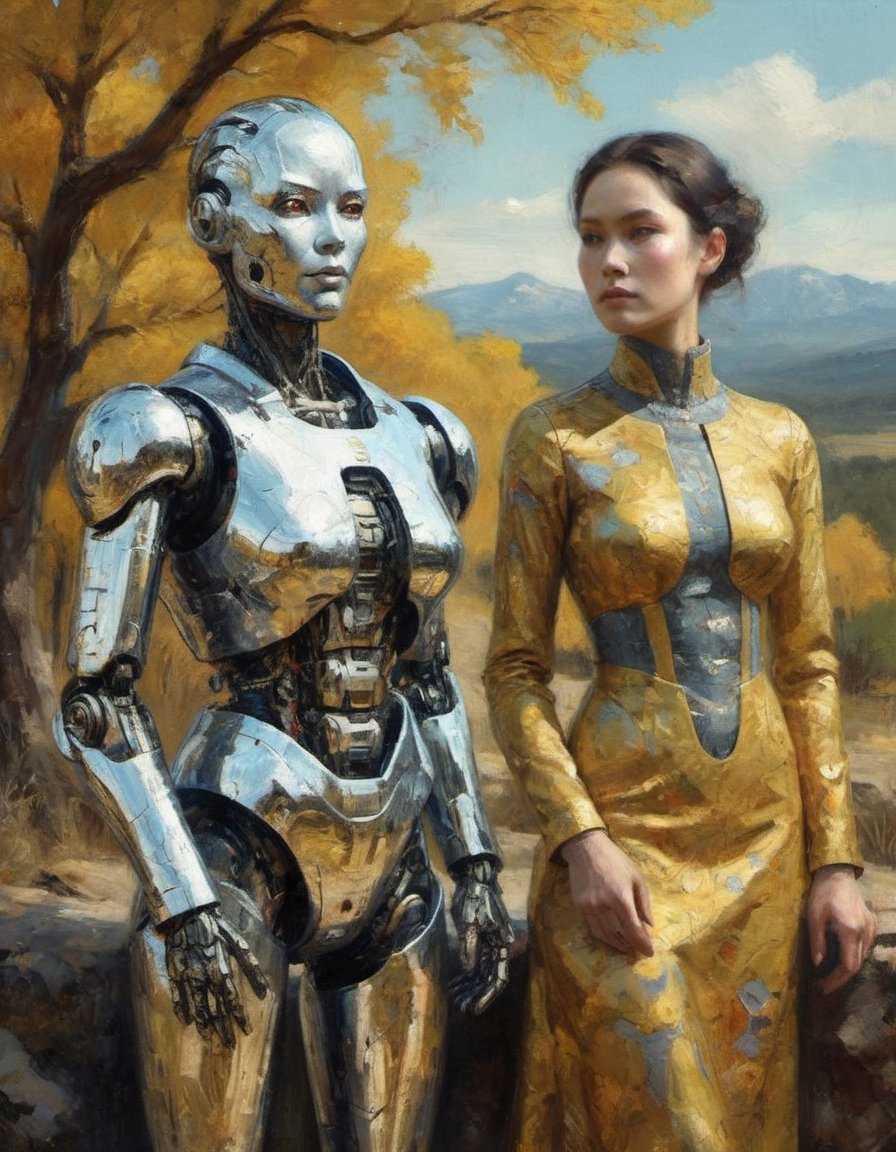 chrome visions of the future humanoid robot digital matte painting sci-fi sleek utopian environment android portrait kintsugi details nature-technology marriage by topography specialists Klimt and Bierstadt