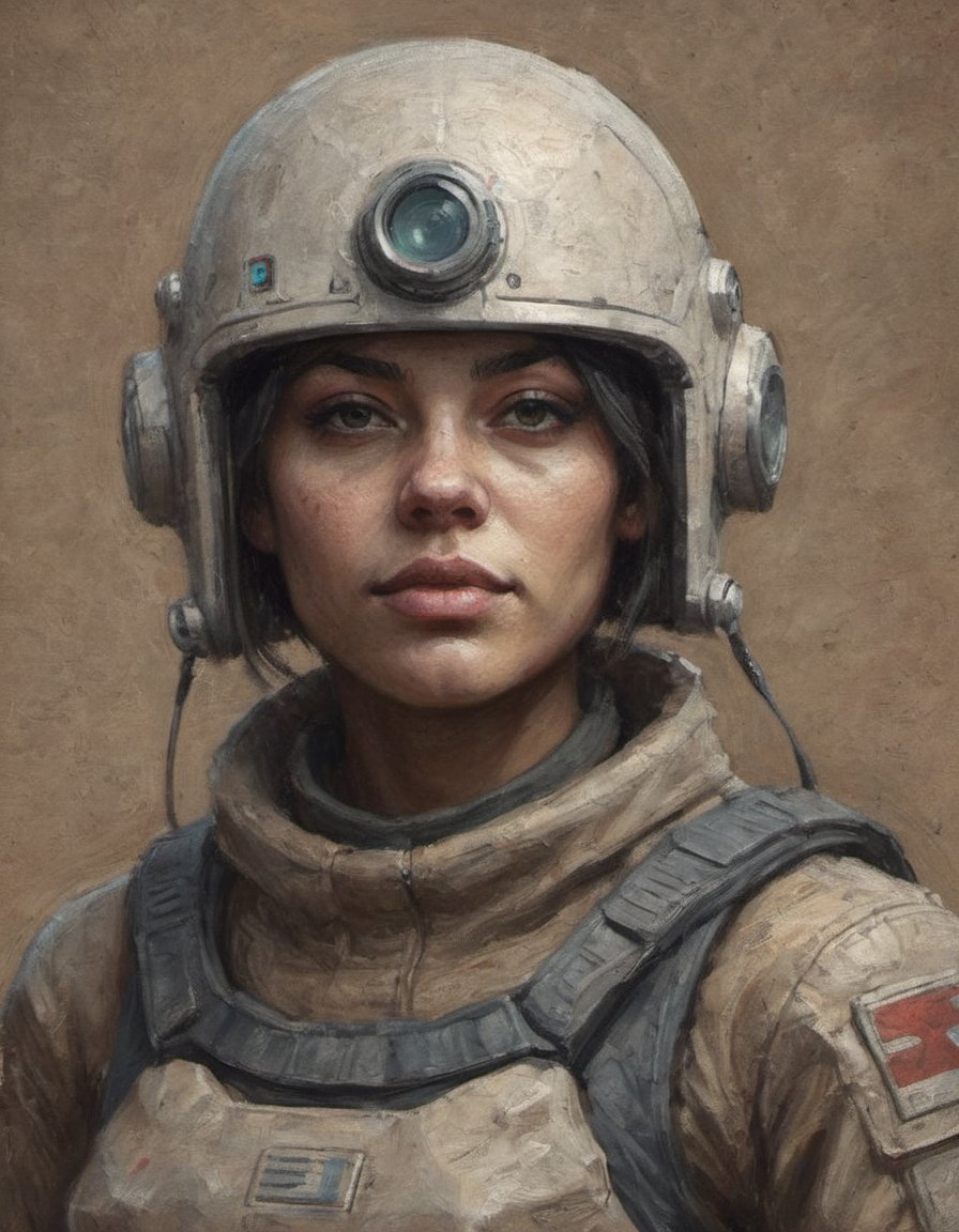 toned textured paper character illustration in dry pastels of a sci-fi soldier named Bria Ursan