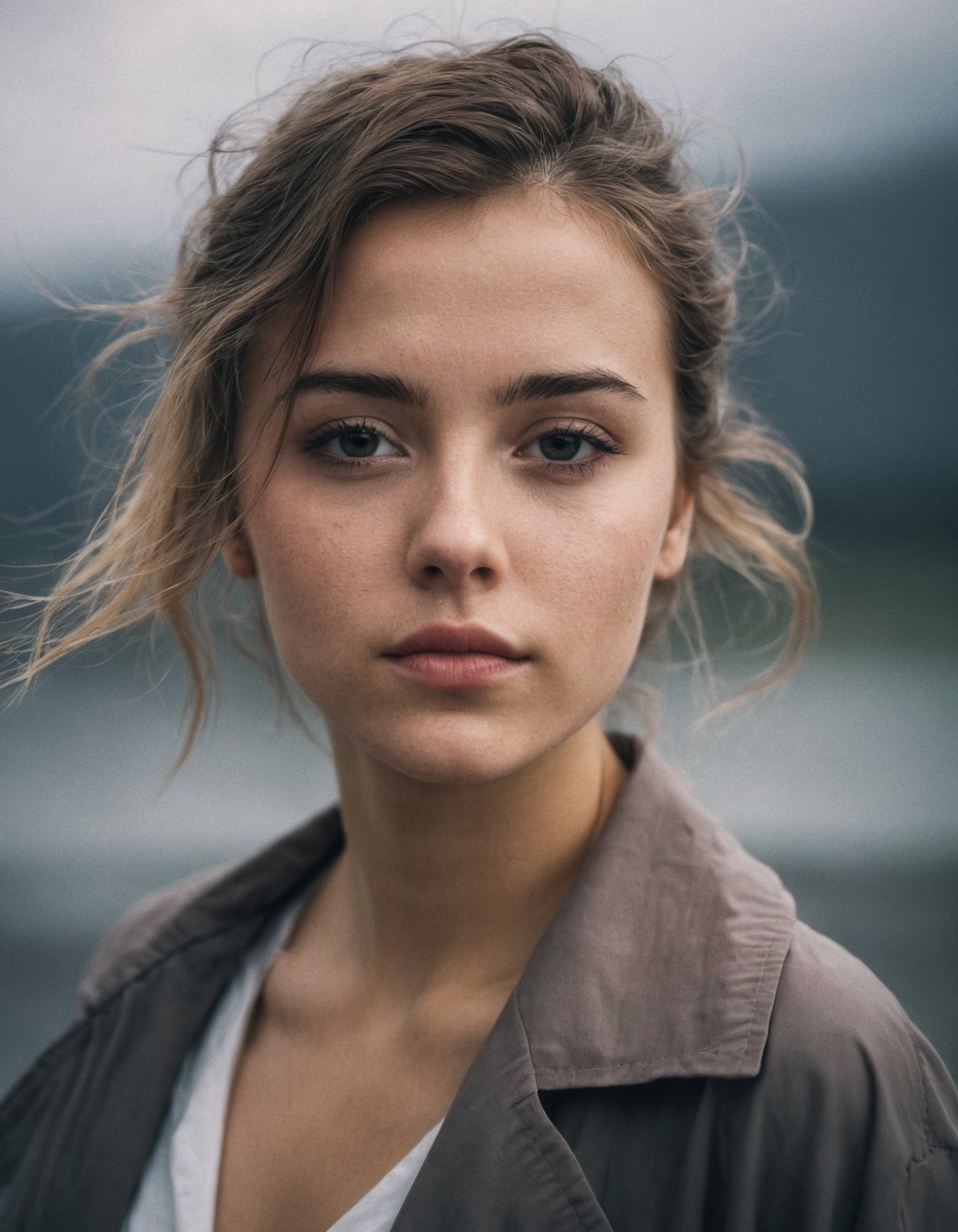 front shot, portrait photo of a cute 22 y.o woman, looks away, full lips, natural skin, skin moles, stormy weather, (cinematic, film grain:1.1)