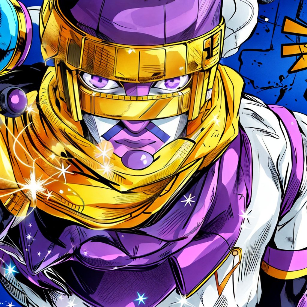 <lora:JojoStandV2-10:1>, jojo stand, solo, 1boy, hat, jewelry, purple eyes, male focus, yellow scarf, 