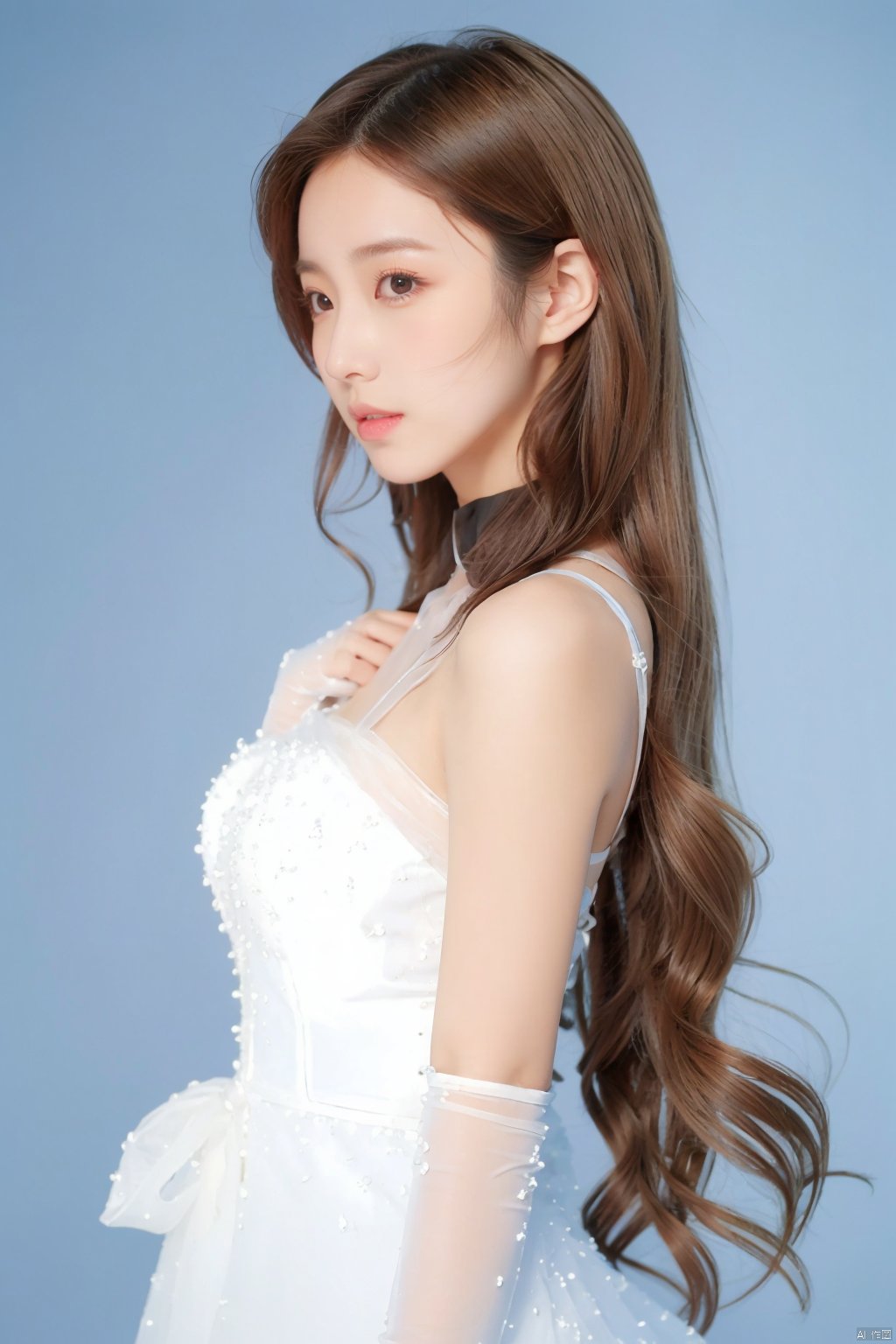 jy, 1girl, solo, brown hair, dress, long hair, white dress, brown eyes, blue background, lips, simple background, upper body, elbow gloves