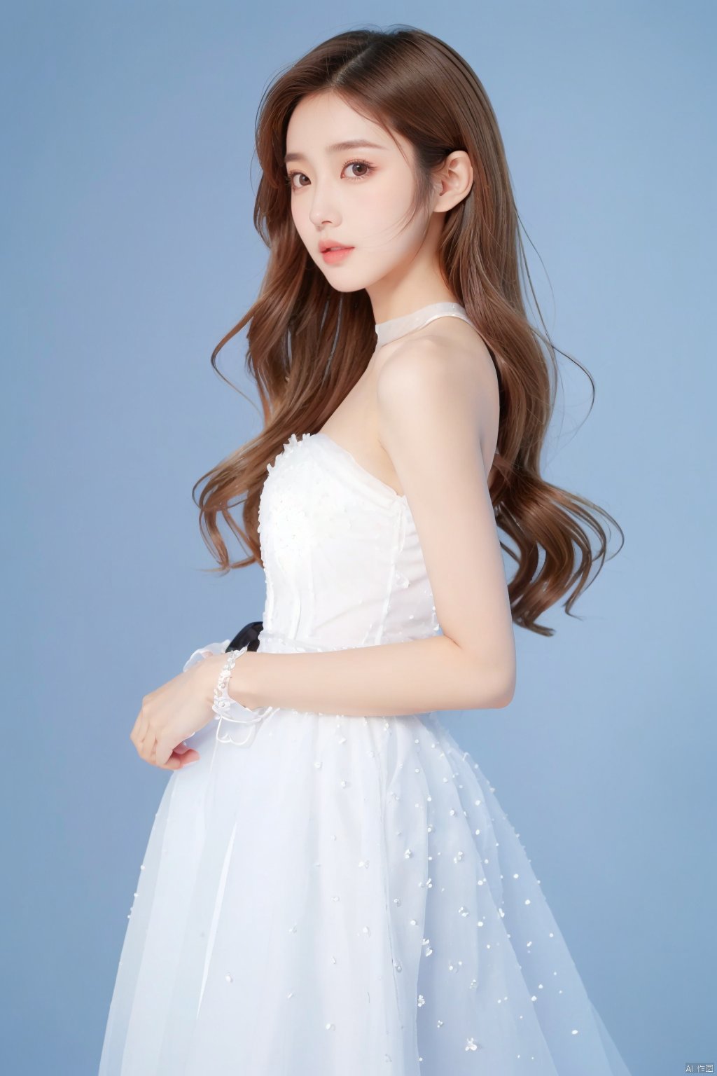 jy, 1girl, solo, brown hair, dress, long hair, white dress, brown eyes, blue background, looking at viewer, simple background, ribbon, bare shoulders, lips, black ribbon