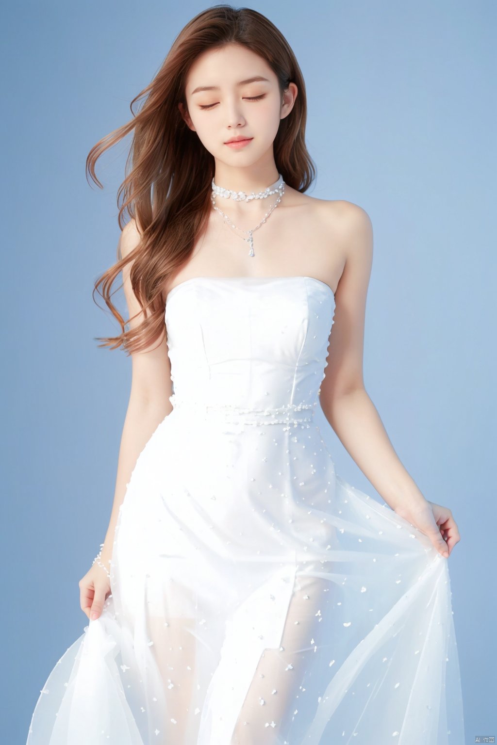 jy, 1girl, solo, dress, closed eyes, brown hair, white dress, long hair, blue background, bare shoulders, strapless, simple background, skirt hold, closed mouth, breasts, realistic, choker, strapless dress, see-through, necklace