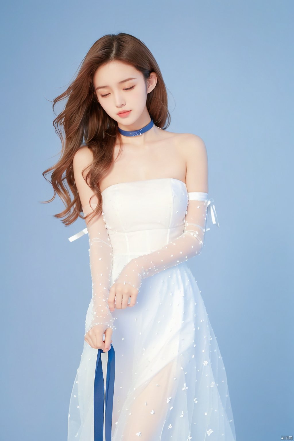 jy, 1girl, solo, dress, brown hair, white dress, closed eyes, long hair, bare shoulders, strapless, blue background, ribbon, strapless dress, holding, simple background, closed mouth, detached sleeves, choker, standing, lips