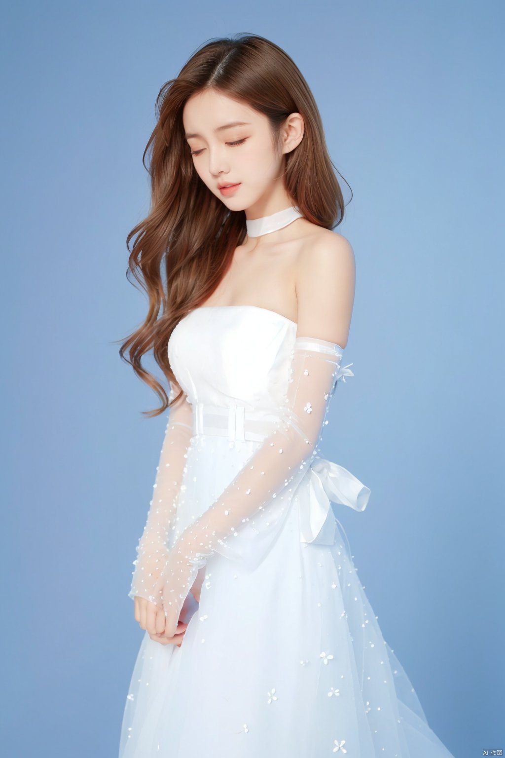 jy, 1girl, solo, dress, closed eyes, white dress, long hair, brown hair, blue background, bare shoulders, strapless, simple background, ribbon, closed mouth, standing, detached sleeves, strapless dress, lips