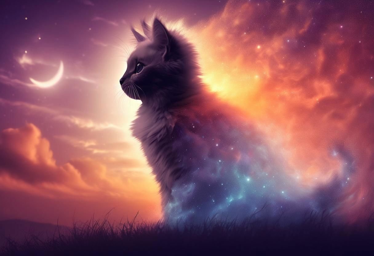 Fluffy cute kitten, (from side), (silhouette:1), profile, big hair, masterpiece, best quality, light particle, depth of field, field, scenery, fantasy, indigo light, (far away:1), cute cat, midriff, tribal sash, pastel colors, chromatic aberration, glow in the dark, cloudy sky, space, orange aura, cinematic, dark atmosphere, night , dark hole, glowing eyes, teal light, illumination, light rays, eye in the sky, (grass:0.9), falling petals, oniric portrait of a cat with white mask, yearning to explore the ends of the world to discover its wonders and help its denizens, a gradient masterpiece, cyan yellow green beige lilac white, Rococopunk, luminism, seamless, China ink, Ink Bubbles, Gold leaf lines, alcohol ink elements, curved lines, cinematic, realism, chiaroscuro, Shadow play, Gold leaf small lines, bright splashes of alcohol ink puddles, volumetric light, auras, rays of sunlight, bright colors reflect, isometric, digital art, smog, pollution, toxic waste, chimneys and railroads, 3d render, octane render, volumetrics, anime style, dissolve