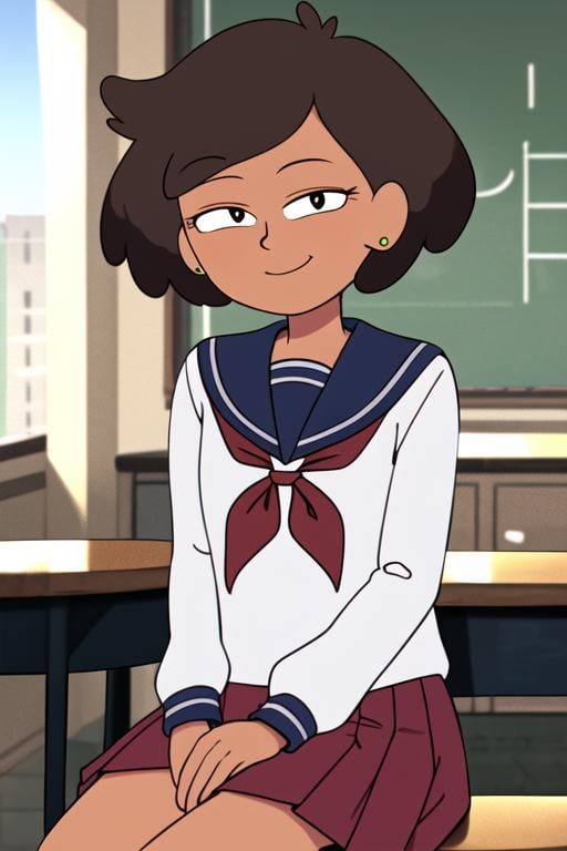 masterpiece, best quality, <lora:mrs_boonchuy:0.8>  1girl, solo, brown hair, short hair, earrings, dot pupils, looking at viewer, smile, dark skin, indoors, classroom, sitting on table, serafuku, sailor collar, red neckerchief, blue skirt, 