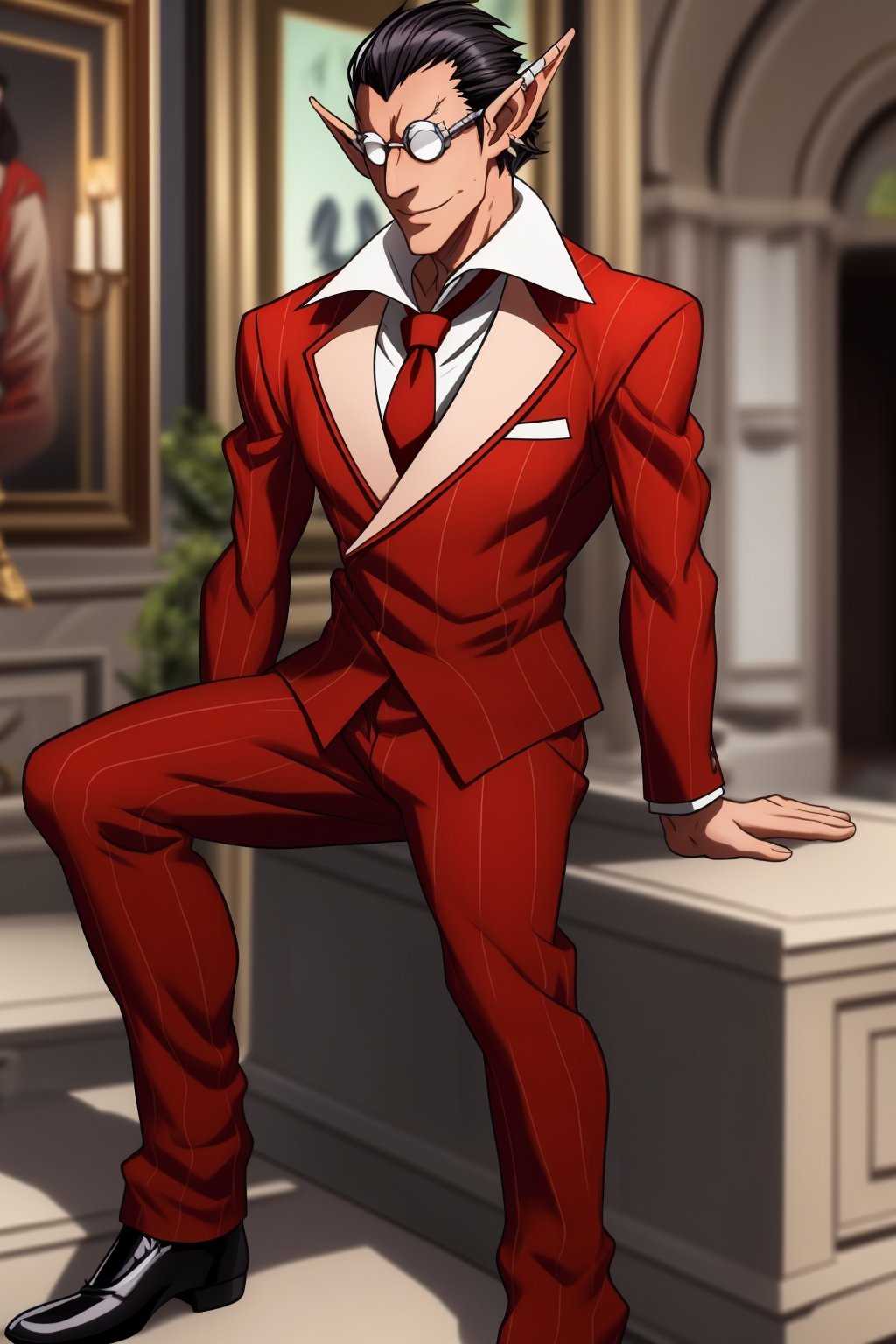 best quality,  masterpiece, 1boy,  male focus,  full body,  ,  short hair,  pointy ears,  black hair,  Diamond Eyes,  red suit,  red trouser,  red Necktie,  Silver Round Glasses,  black gloves,  long metal tail,  (Demiurge/Overlord),<lora:EMS-248548-EMS:0.800000>,<lora:EMS-93-EMS:0.800000>