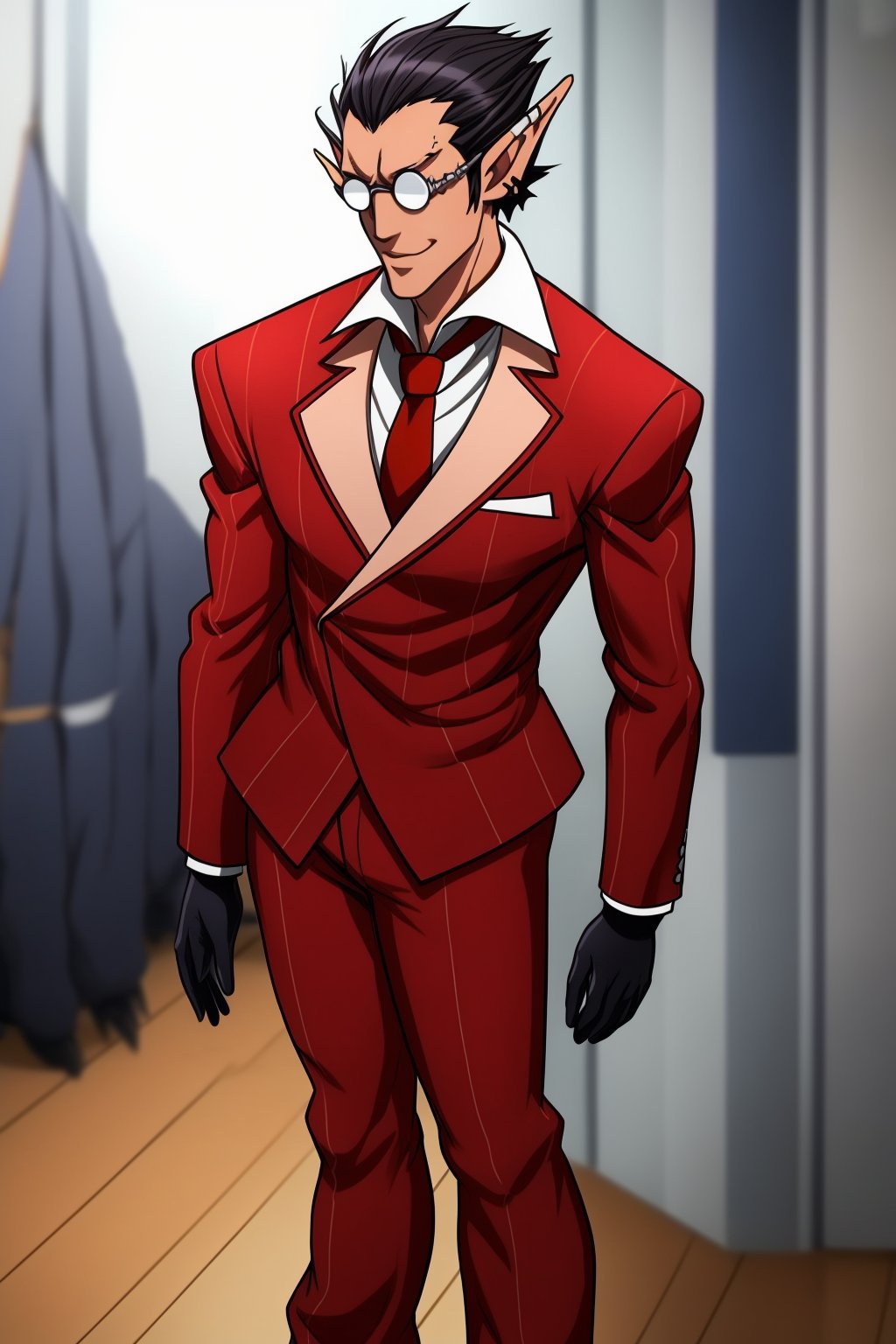 best quality,  masterpiece, 1boy,  male focus,  full body,  red suit,  red trouser,  red Necktie,  Silver Round Glasses,  short hair,  pointy ears,  black hair,  Diamond Eyes,  long metal tail,  black gloves,  demiurge,<lora:EMS-93-EMS:0.800000>,<lora:EMS-248548-EMS:0.800000>