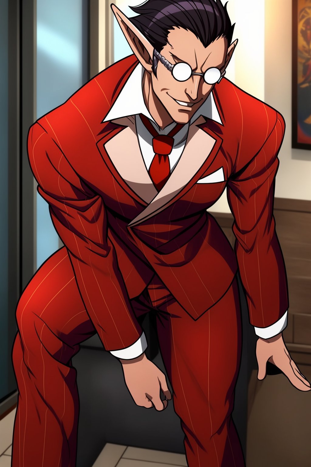 best quality,  masterpiece, 1boy,  male focus,  full body,  ,  short hair,  pointy ears,  black hair,  Diamond Eyes,  red suit,  red trouser,  red Necktie,  Silver Round Glasses,  black gloves,  long metal tail,  (Demiurge/Overlord),<lora:EMS-93-EMS:0.800000>,<lora:EMS-248548-EMS:0.800000>