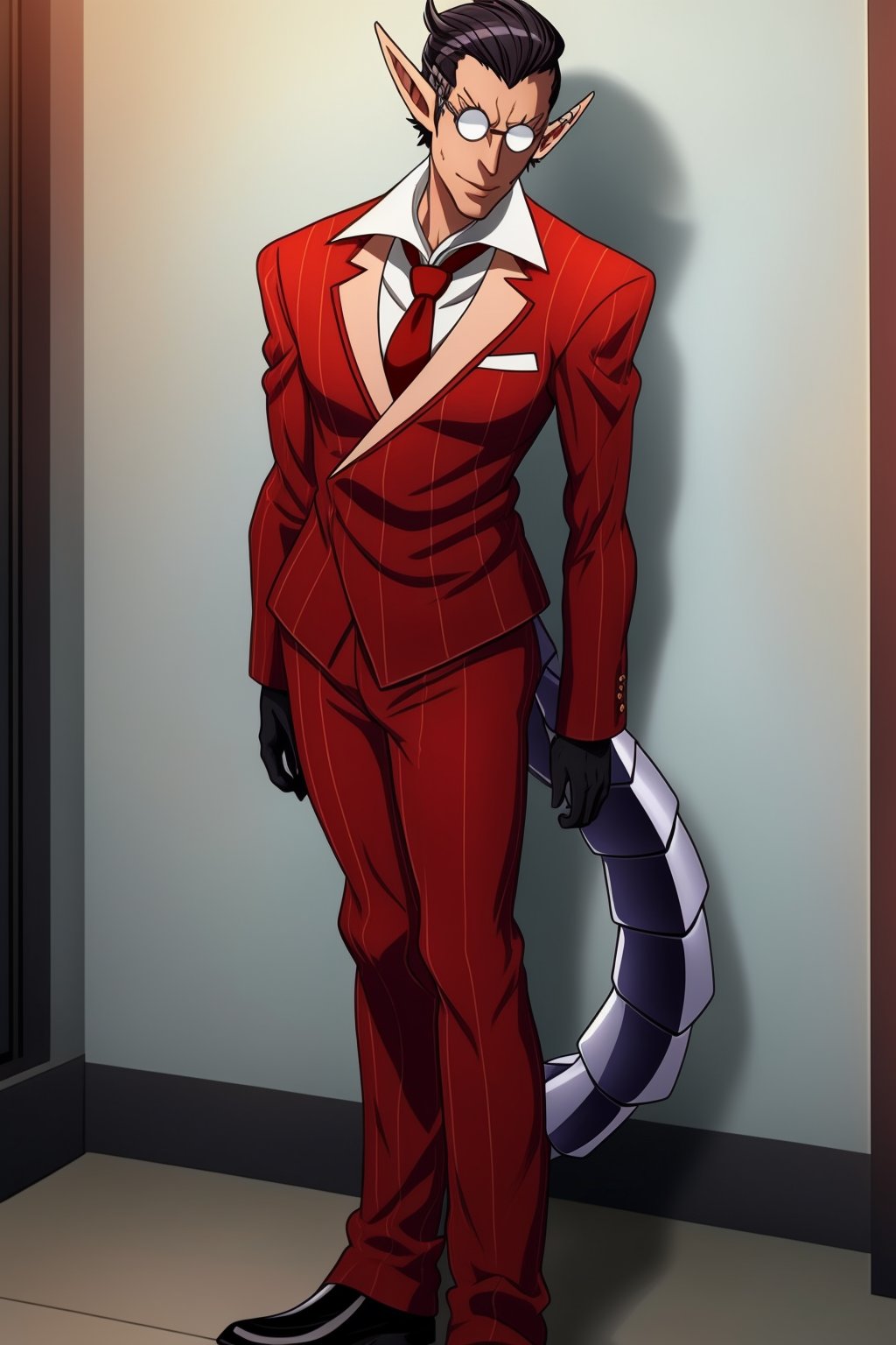 best quality,  masterpiece, 1boy,  male focus,  full body,  red suit,  red trouser,  red Necktie,  Silver Round Glasses,  short hair,  pointy ears,  black hair,  Diamond Eyes,  long metal tail,  black gloves,  demiurge,<lora:EMS-93-EMS:0.800000>,<lora:EMS-248548-EMS:0.800000>