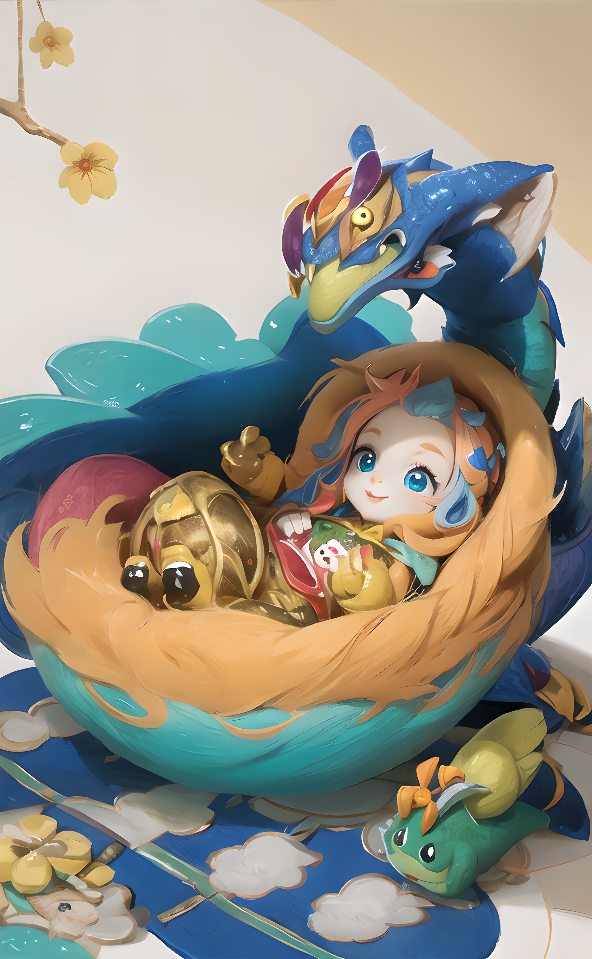 cute baby dragon with big eyes curled up laying down in nest, sparkling colorful,bichi