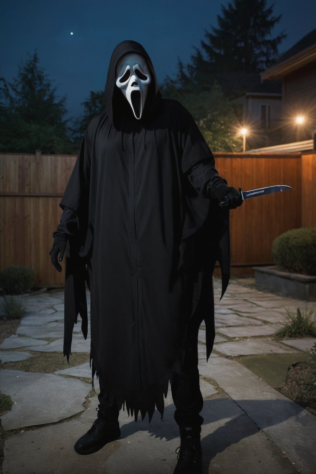 a girl standing at backyard, outdoor, backyard interior, night, Ghost Face Mask, Ghost Face Cloak, Ghost Face Knife, black pants, (full body:1.2), focus on viewer, front view, psychopath, dynamic light, dynamic shadow, photo real, ultra detailed, masterpiece, ultra high quality, ultra high resolution, ultra realistic, ultra reflection, ultra lighting, detailed background, detailed around, dramatic lighting, low key, dark tone, 8k, DAYPro, ghostface mask