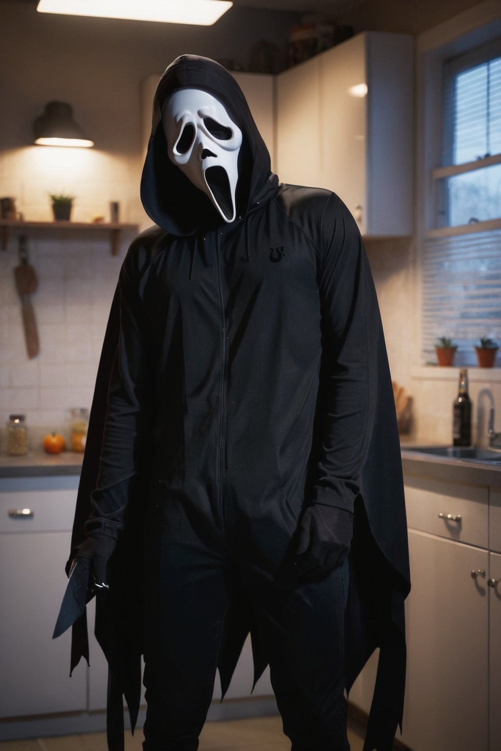 a girl standing at kitchen room, indoor, kitchen interior, night, Ghost Face Mask, Ghost Face Cloak, black pants, (full body:1.2), sexy body, medium breast, focus on viewer, front view, psychopath, dynamic light, dynamic shadow, photo real, ultra detailed, masterpiece, ultra high quality, ultra high resolution, ultra realistic, ultra reflection, ultra lighting, detailed background, detailed around, dramatic lighting, low key, dark tone, 8k, DAYPro, ghostface mask