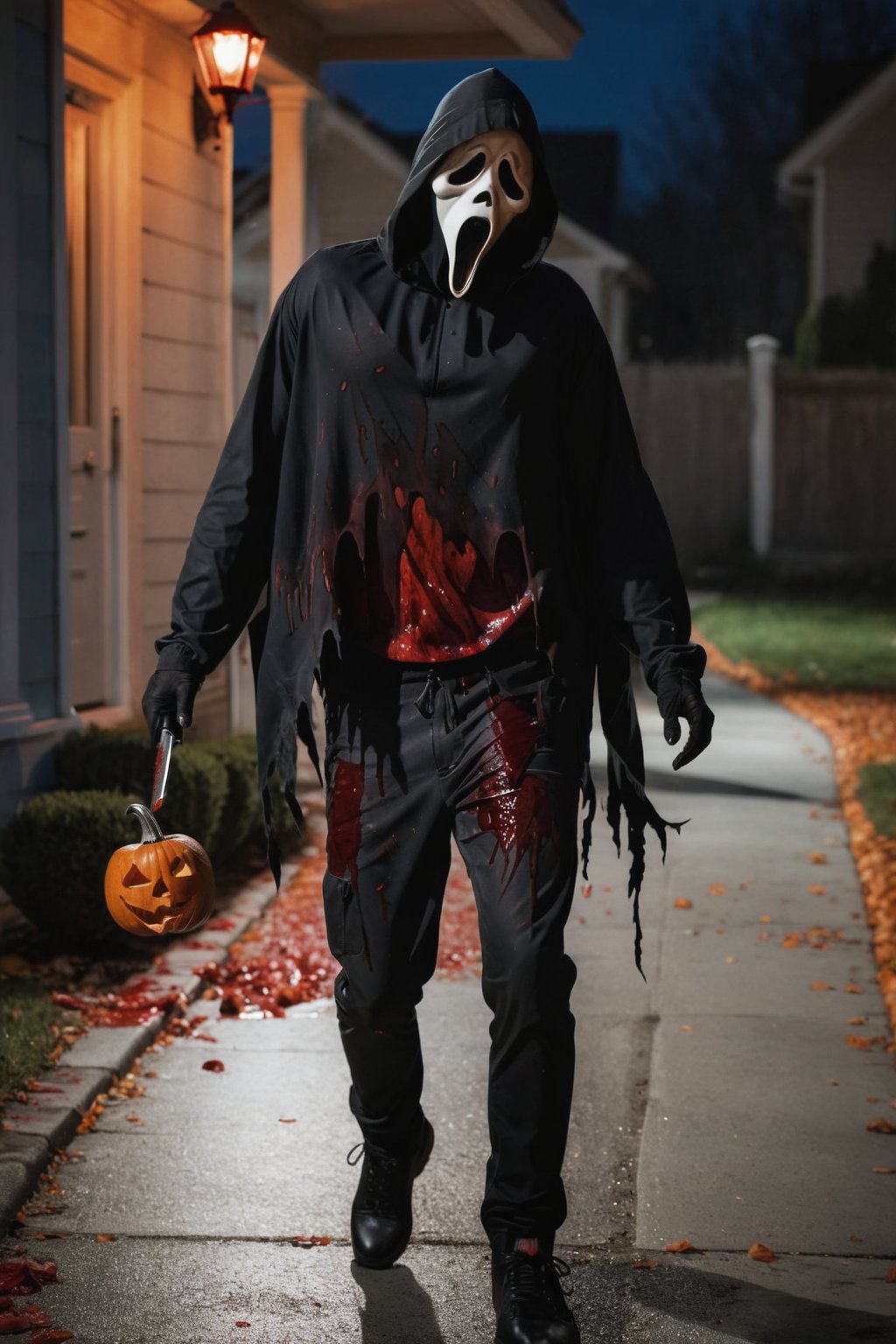 a guy running out to viewer, street. Halloween night. outdoor, Ghost Face Mask, Ghost Face Cloak, Ghost Face Knife, black pants, (full body:1.2), muscular body, dark night, pumpkin at sidewalk, street light, house, bloodied mask, murder, brutal gore, bloodied guy, bloodied body, bloodied clothes, gore stills, lots of bloods, (extremely gore), focus on viewer, front view, psychopath, MilkGore, blood reflection, dynamic light, dynamic shadow, photo real, ultra detailed, masterpiece, ultra realistic bloods, ultra high quality, ultra high resolution, ultra realistic, ultra reflection, ultra lighting, detailed background, detailed around, dramatic lighting, low key, dark tone, 8k, DAYPro, ghostface mask