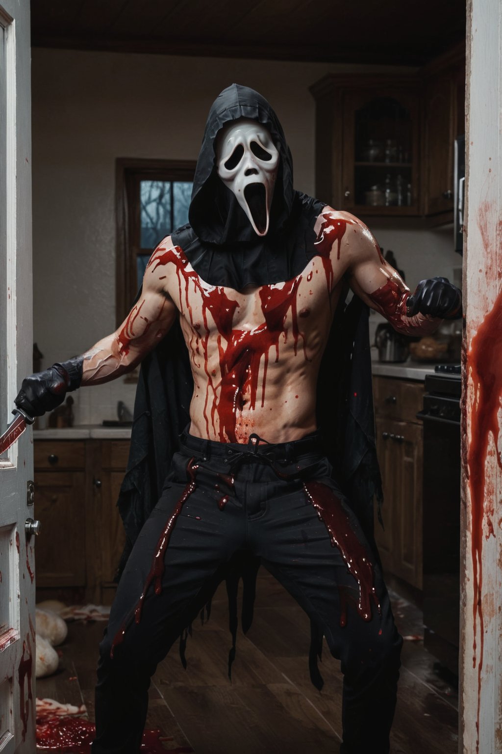 a guy squat at kitchen room, indoor, kitchen interior, night, Ghost Face Mask, Ghost Face Cloak, Ghost Face Knife, black pants, (full body:1.2), muscular body, dark night, bloodied mask, murder, brutal gore, bloodied guy, bloodied body, bloodied clothes, gore stills, lots of bloods, blood at floor and wall, (extremely gore), focus on viewer, front view, psychopath, MilkGore, blood reflection, dynamic light, dynamic shadow, photo real, ultra detailed, masterpiece, ultra realistic bloods, ultra high quality, ultra high resolution, ultra realistic, ultra reflection, ultra lighting, detailed background, detailed around, dramatic lighting, low key, dark tone, 8k, DAYPro, ghostface mask