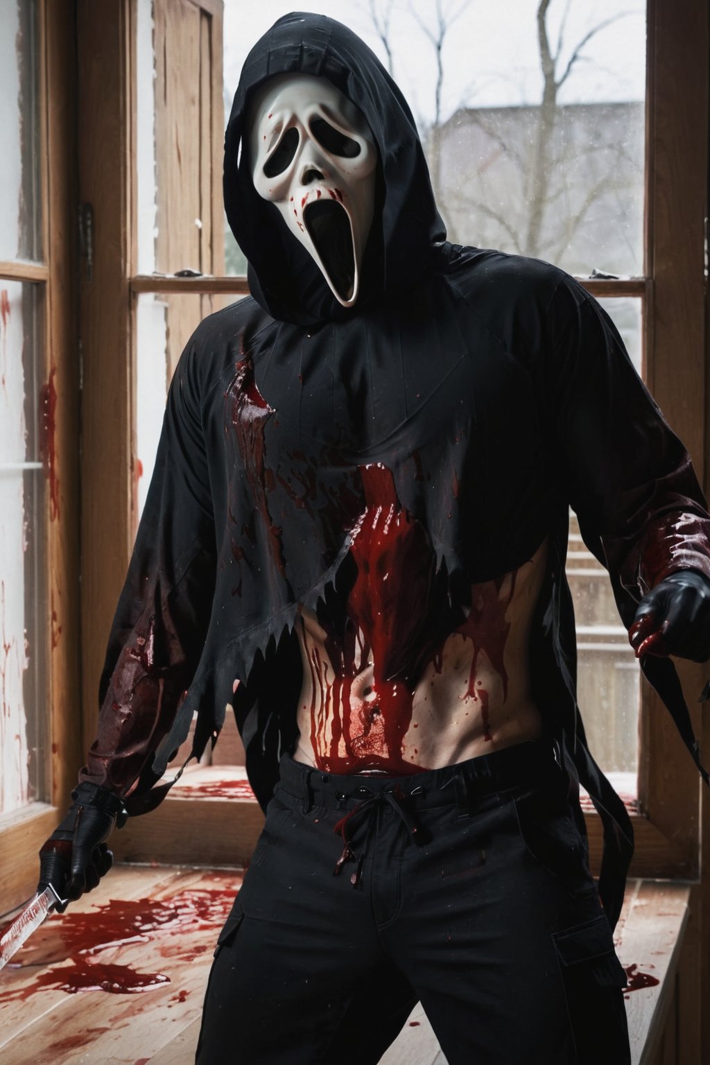 a guy standing at bedroom, indoor, Ghost Face Mask, Ghost Face Cloak, Ghost Face Knife, black pants, (upper body:1.2), head tilted, muscular body, dark day, sun rays coming through window, particles, bloodied mask, murder, brutal gore, bloodied guy, bloodied body, bloodied clothes, gore stills, bloods at floor and wall, lots of bloods, (extremely gore), focus on viewer, front view, psychopath, MilkGore, blood reflection, dynamic light, dynamic shadow, photo real, ultra detailed, masterpiece, ultra realistic bloods, ultra high quality, ultra high resolution, ultra realistic, ultra reflection, ultra lighting, detailed background, detailed around, dramatic lighting, low key, dark tone, 8k, DAYPro, ghostface mask