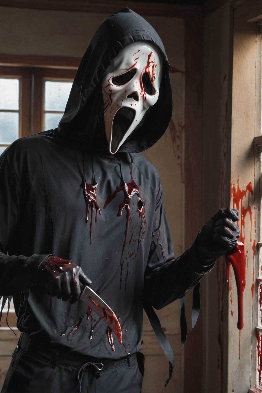 a guy standing at dark house, indoor, Ghost Face Mask, Ghost Face Cloak, Ghost Face Knife, black pants, holding an knife, (upper body:1.2), head tilted, muscular body, dark day, sun rays coming through window, particles, bloodied mask, murder, brutal gore, bloodied guy, bloodied body, bloodied clothes, gore stills, bloods at floor and wall, lots of bloods, (extremely gore), focus on viewer, front view, psychopath, MilkGore, blood reflection, dynamic light, dynamic shadow, photo real, ultra detailed, masterpiece, ultra realistic bloods, ultra high quality, ultra high resolution, ultra realistic, ultra reflection, ultra lighting, detailed background, detailed around, dramatic lighting, low key, dark tone, 8k, DAYPro, ghostface mask