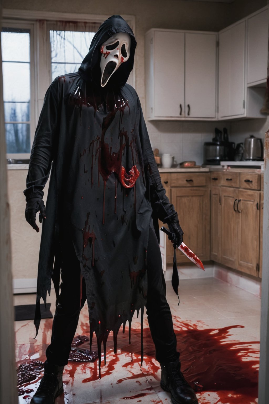 a girl standing at kitchen room, indoor, kitchen interior, night, Ghost Face Mask, Ghost Face Cloak, Ghost Face Knife, black pants, (full body:1.2), sexy body, medium breast, dark night, bloodied mask, murder, brutal gore, bloodied girl, bloodied body, bloodied clothes, gore stills, lots of bloods, blood at floor and wall, (extremely gore), focus on viewer, front view, psychopath, MilkGore, blood reflection, dynamic light, dynamic shadow, photo real, ultra detailed, masterpiece, ultra realistic bloods, ultra high quality, ultra high resolution, ultra realistic, ultra reflection, ultra lighting, detailed background, detailed around, dramatic lighting, low key, dark tone, 8k, DAYPro, ghostface mask