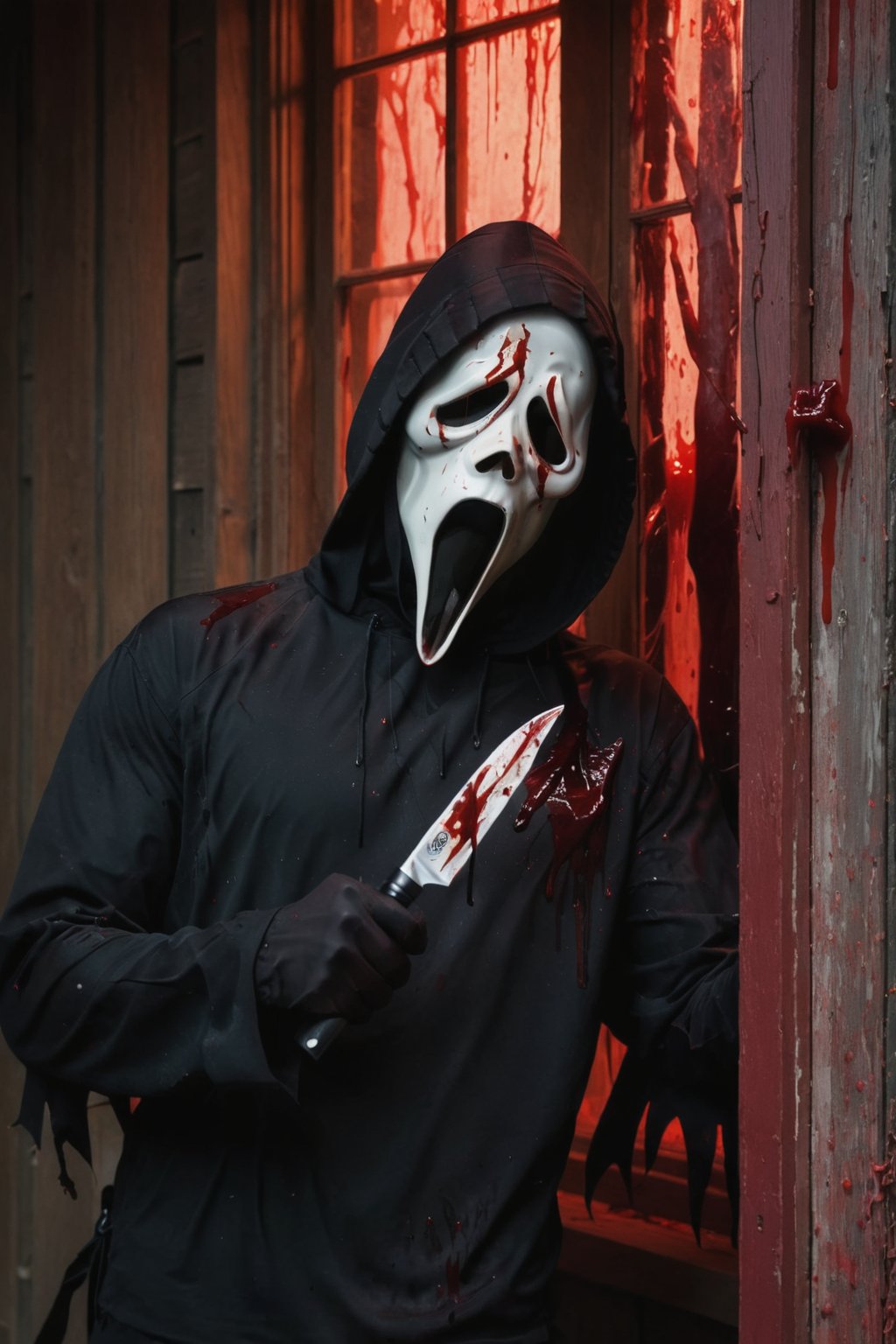 a guy standing at dark house, indoor, Ghost Face Mask, Ghost Face Cloak, Ghost Face Knife, black pants, holding an knife, (upper body:1.2), head tilted, muscular body, night, red lights through window, particles, bloodied mask, murder, brutal gore, bloodied guy, bloodied body, bloodied clothes, gore stills, bloods at floor and wall, lots of bloods, (extremely gore), (bloods:1.5), focus on viewer, front view, psychopath, MilkGore, blood reflection, realistic blood, dynamic light, dynamic shadow, photo real, ultra detailed, masterpiece, ultra realistic bloods, ultra high quality, ultra high resolution, ultra realistic, ultra reflection, ultra lighting, detailed background, detailed around, dramatic lighting, low key, dark tone, 8k, DAYPro, ghostface mask