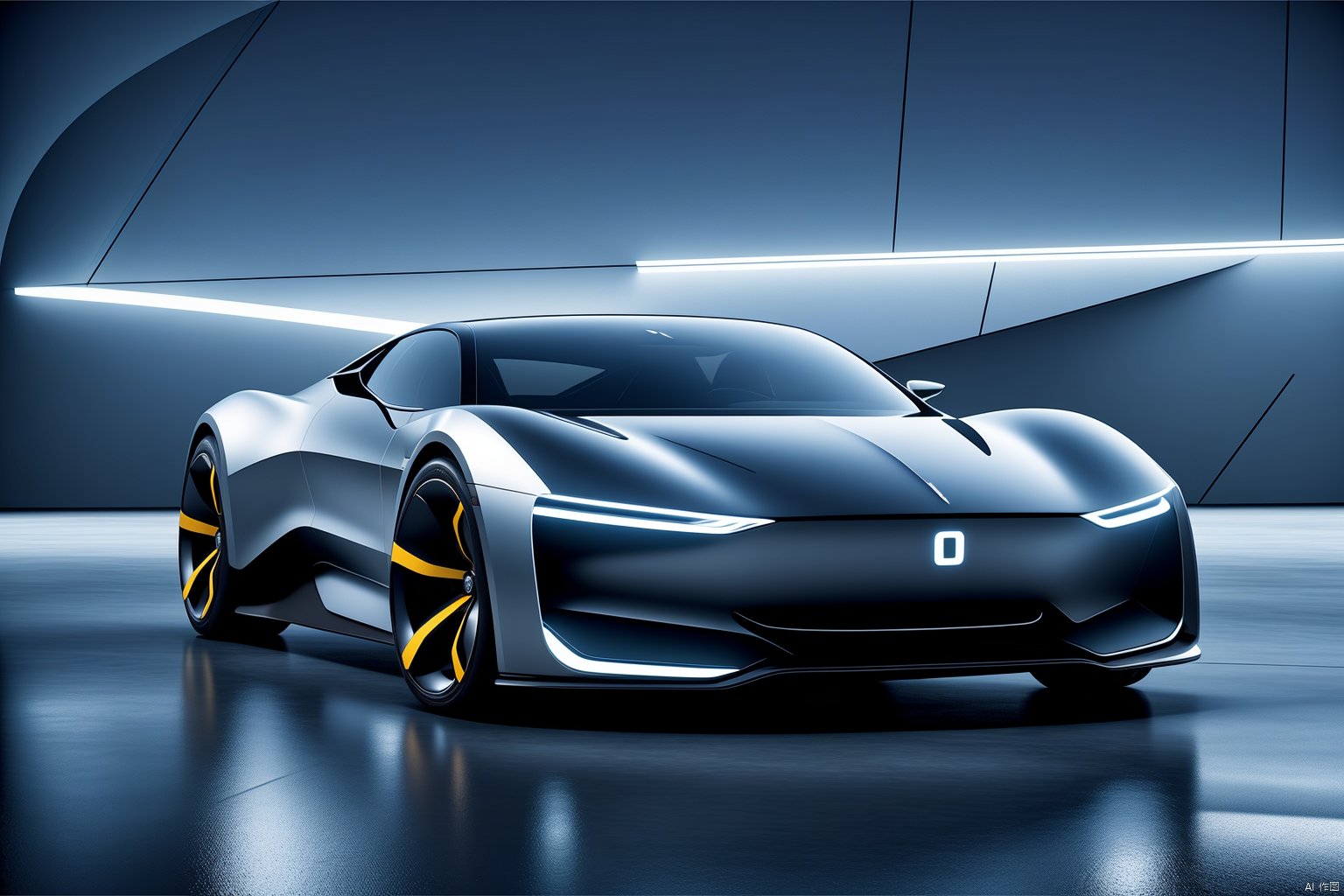 This is a photograph of a futuristic car. Set against a backdrop of a modern city, the streamlined car stands out. Its smooth lines, integrated roof and windows showcase a futuristic design. The material of the car body appears sleek and abstract, evoking a sense of technology and the future. The unique headlight design presents abstract geometric shapes, emitting a cool and striking light. The hubcap design is also distinctive, exuding a sense of science fiction and dynamism. The clever play of light and shadow effectively accentuates the car's futuristic and technological qualities, creating a sense of modernity and futurism throughout the entire image. Overall, this photograph successfully captures the unique charm of futuristic cars, showcasing their exterior features and creating a distinctive futuristic atmosphere.,<lora:660447313082219790:1.0>