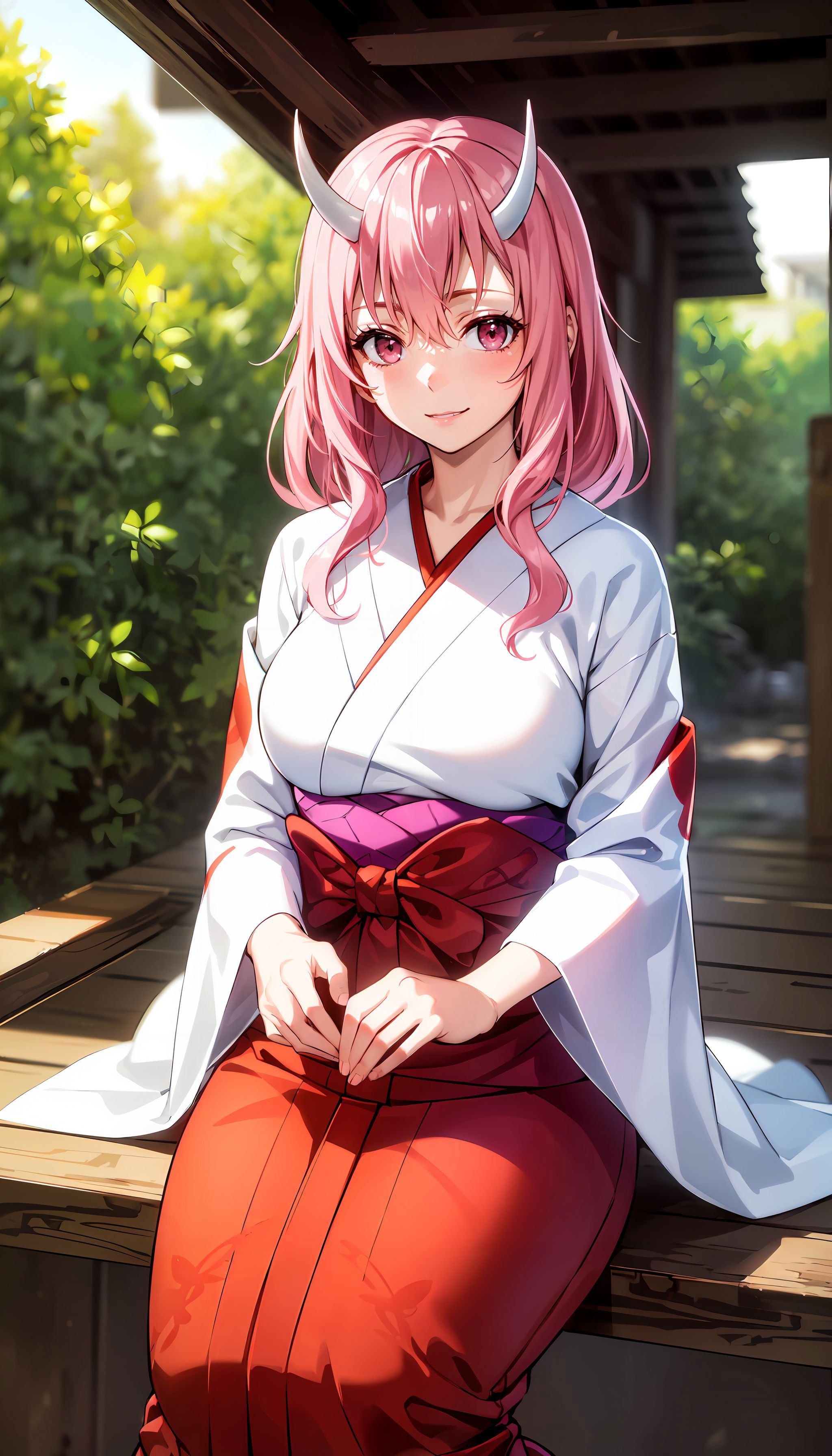 photorealistic, (4k), depth of field, (Masterpiece), (realistic skin texture), extremely detailed, intricate, hyper detailed, professional photography, bokeh, high resolution, sharp detail, best quality, girl, <lora:Shuna:0.7> , red and white kimono, long hair, pink hair, pink eyes, horns, relaxing ,  