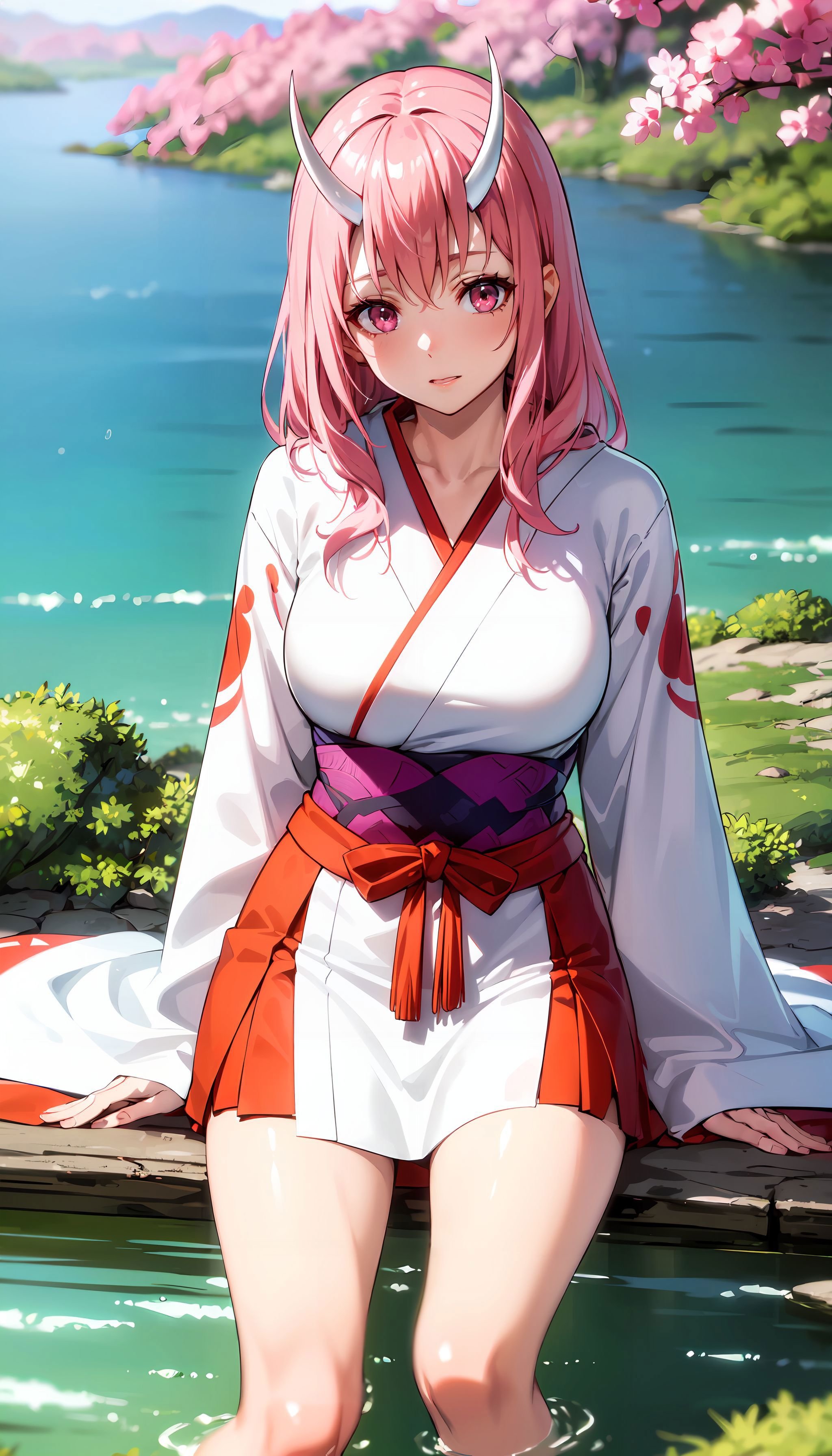 photorealistic, (4k), depth of field, (Masterpiece), (realistic skin texture), extremely detailed, intricate, hyper detailed, professional photography, bokeh, high resolution, sharp detail, best quality, girl, <lora:Shuna:0.7> , red and white kimono, long hair, pink hair, pink eyes, horns, twisted torso ,  outdoors, (lake background:1.3),