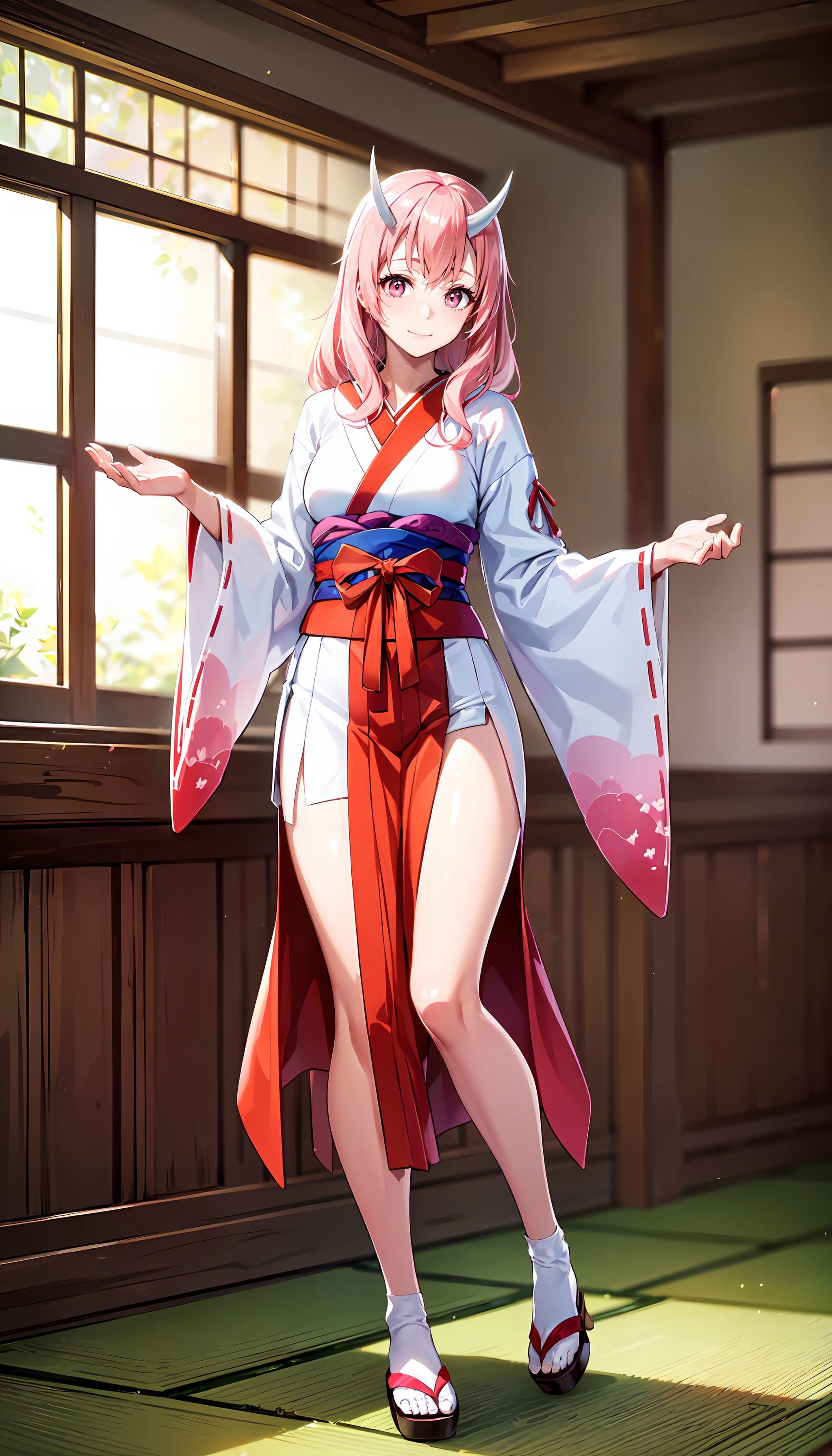 photorealistic, (4k), depth of field, (Masterpiece), (realistic skin texture), extremely detailed, intricate, hyper detailed, professional photography, bokeh, high resolution, sharp detail, best quality, girl, <lora:Shuna:0.7> , red and white kimono, long hair, pink hair, pink eyes, horns, reclining , dynamic pose, full body, japanese interior,