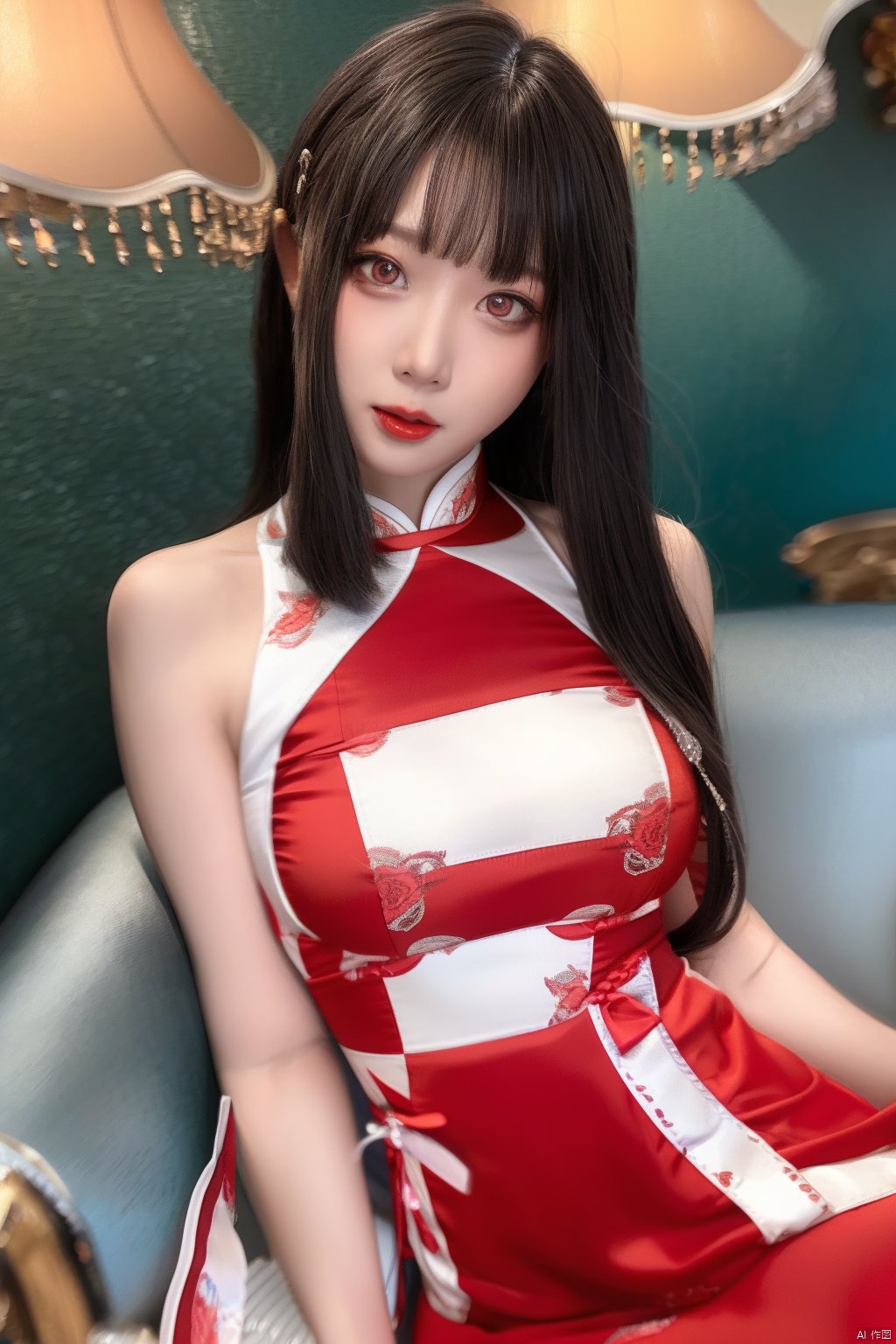  1girl,1girl named aki,long wavy hair,red lips,close mouth, look at viewer,half body,baisiqipao,dress,chinese dress