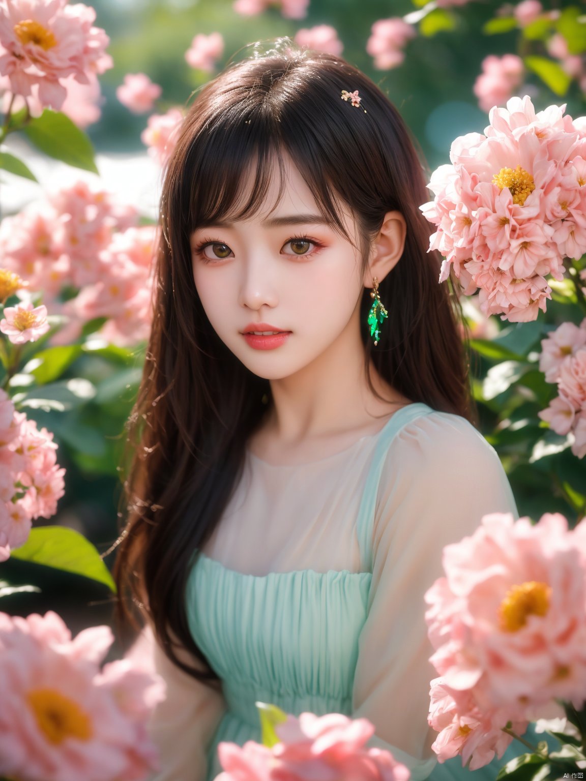  1girl,yuzu,qingsha,medium shot,solo,emotional_face,flower dress,flower armor,looking_at_viewer,green_theme,colorful blooming flowers,forming a dreamlike world,flower_garden,flowers everywhere,greens,pinks,bokeh,cinematic,exposure blend,(teal and orange:0.85),(muted_colors, dim_colors, soothing_tones:1.3),high contrast,low saturation,(Canon RF 85mm f/1.2L),tifa,huolinger,glint sparkle,pantyhose,xinniang,eyesseye,21yo girl,ajkds,yunbin,