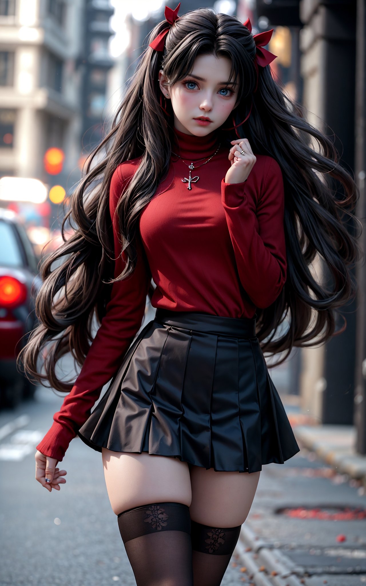 blurry background，Rin Tohsaka，1gir，tohsaka rin，solo，long hair，brown hair，black thighhighs，blue eyes，pleated skirt，two side up，red hair ribbon，red sweater，parted bangs，jewelry，<lora:绪儿-﷿坂﷿ Rin Tohsaka:0.7>