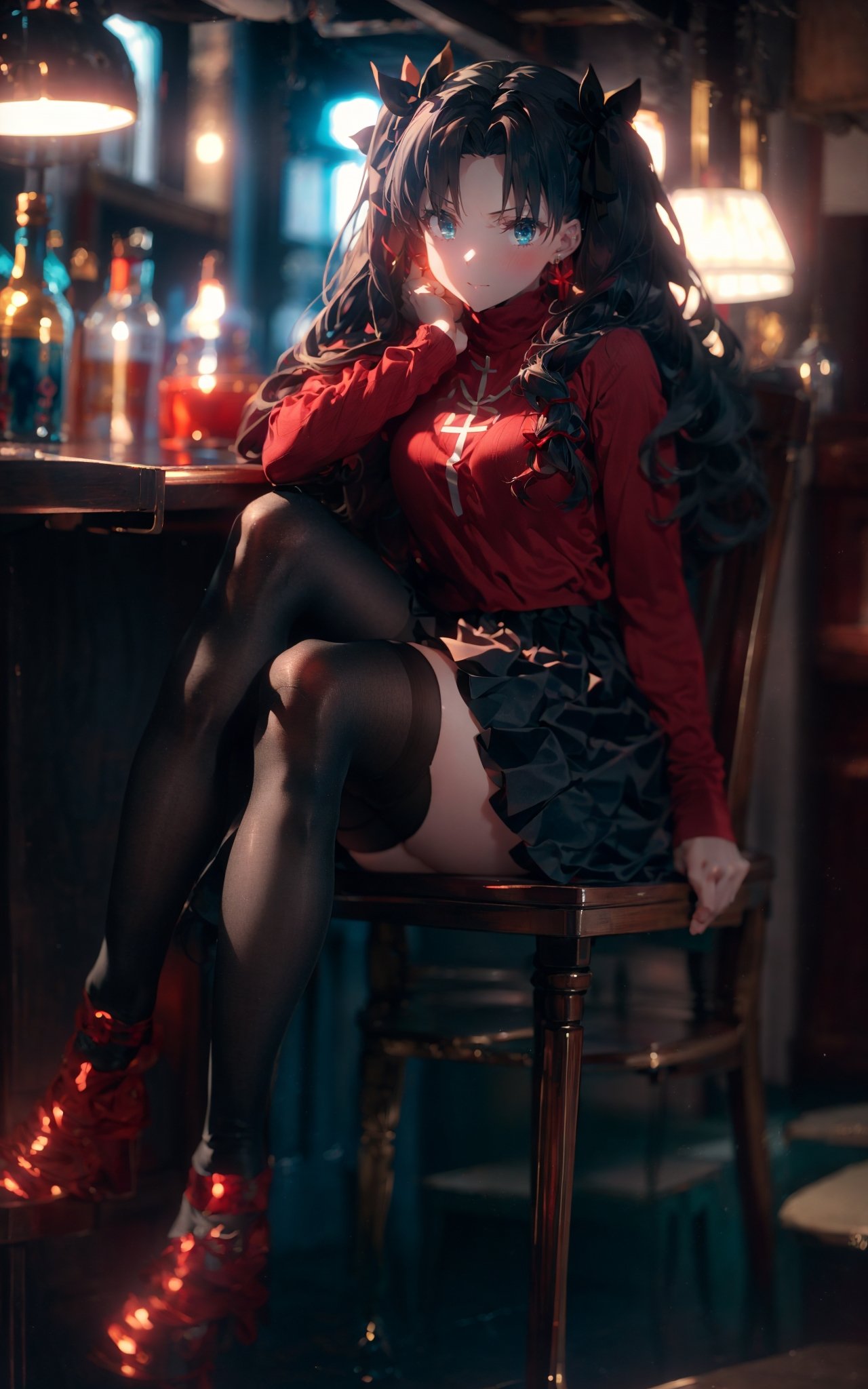 blurry background，Rin Tohsaka，1gir，tohsaka rin，solo，long hair，brown hair，black thighhighs，blue eyes，pleated skirt，two side up，red hair ribbon，red sweater，parted bangs，jewelry，(full body:1.1),Crossed legs, sitting on chair, crossed legs,<lora:绪儿-﷿坂﷿ Rin Tohsaka:0.7>