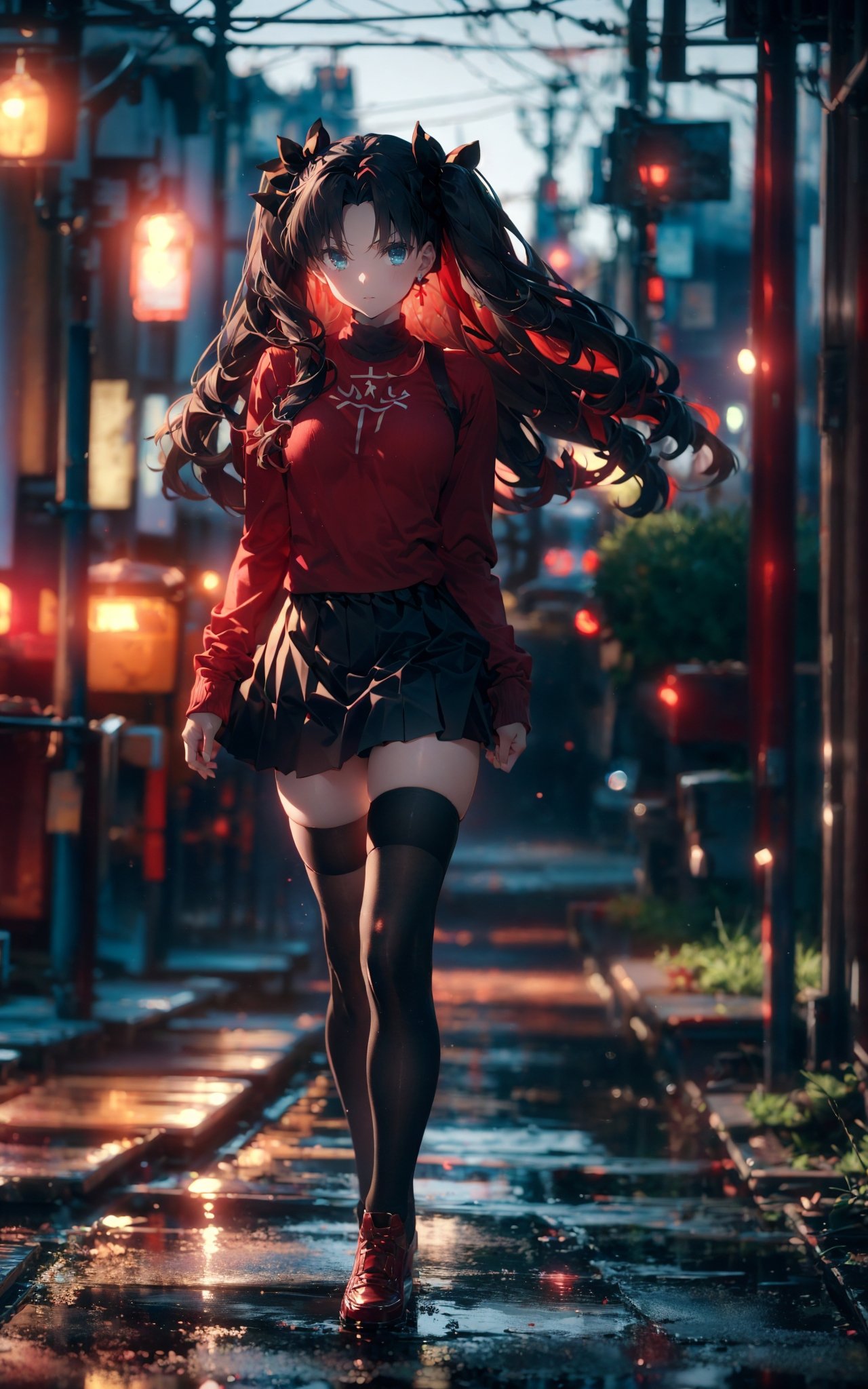 blurry background，Rin Tohsaka，1gir，tohsaka rin，solo，long hair，brown hair，black thighhighs，blue eyes，pleated skirt，two side up，red hair ribbon，red sweater，parted bangs，jewelry，(full body:1.1),<lora:绪儿-﷿坂﷿ Rin Tohsaka:0.7>