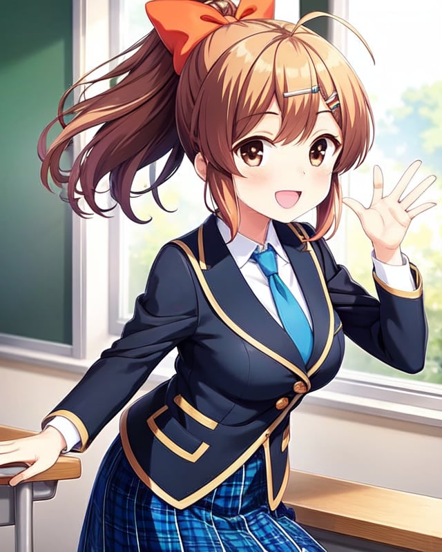 (masterpiece),  ultra high resolution anime illustrations,  perfect lighting,  (perfect accurate anatomy:1.2),  (nice hands,  perfect hands),  (kawaii:1.55),  (detailed shiny big eyes:1.35) BREAK Sakurai Akane,  GirlFriend BETA,  orange eyes,  brown hair,  ahoge,  hair bow,  hair ornament,  hair ribbon,  hairclip,  ponytail,  (large breasts:1.0) BREAK school uniform,  blazer,  blue necktie,  blue skirt,  plaid skirt BREAK 1girl,  smile,  school classroom,<lora:EMS-50854-EMS:0.400000>,<lora:EMS-248680-EMS:0.800000>