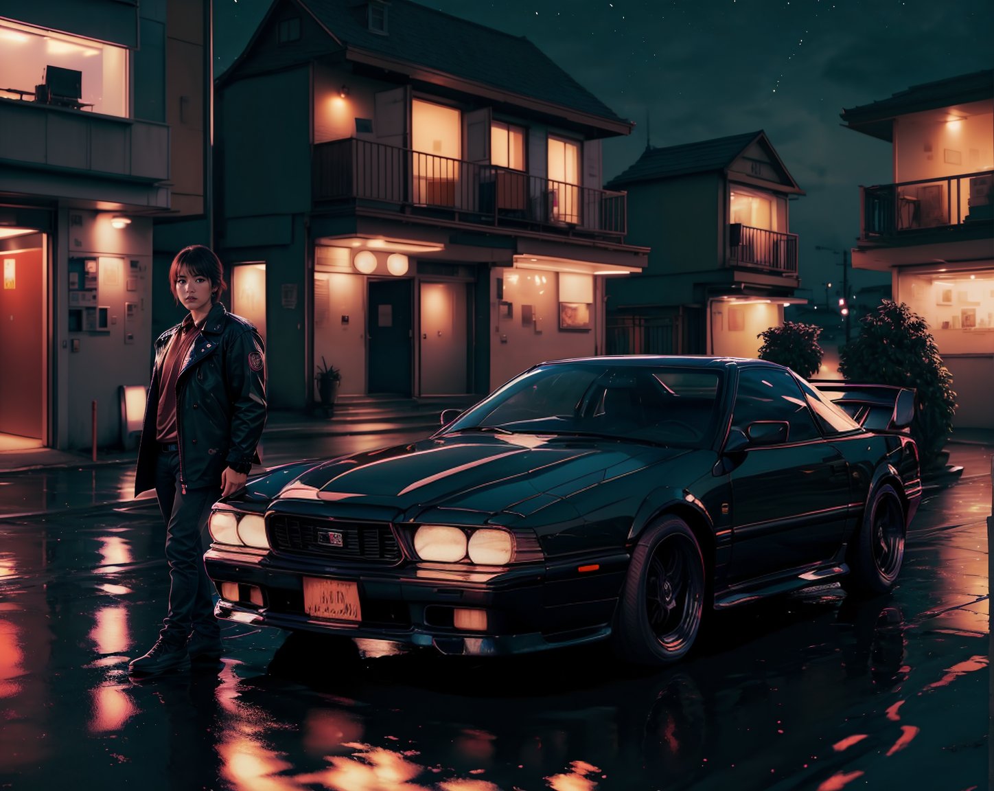 (high quality), vprwve_wnchlora, (solo, shirt, black hair, 1girl), stand, jacket, scenery, car behind, building, night, (depth of field), <lora:vaporwave_lora-08:1>