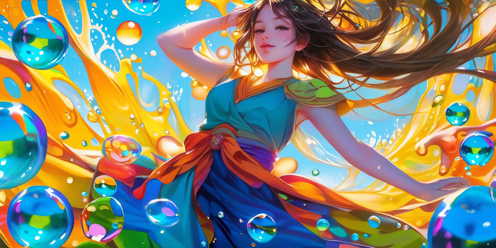 Colorful colors,surrounded by waterbubbles,oil paintings,painted in anime style,