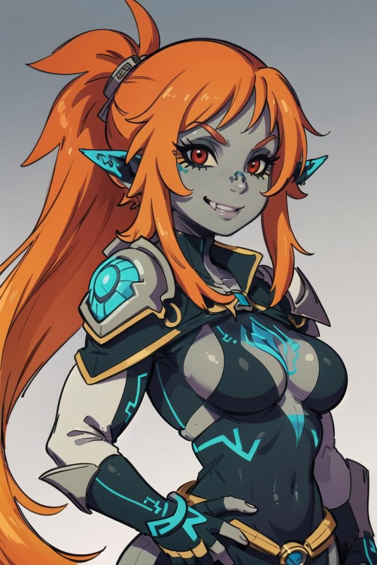 ((masterpiece,best quality)), <lora:Twilight_Theme_Zelda_Anime:0.8>, (Twilight_Theme_Zelda), glow, glowing, green glow, dark skin, grey skin, glowing tattoo, pointy ears,  1girl, smile, red eyes, orange hair,  yellow sclera,  smug, shiny metal, fingerless gloves, armor, shoulder armor, gauntlets 