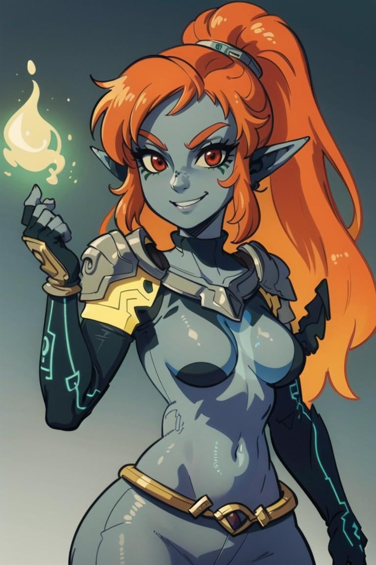 ((masterpiece,best quality)), <lora:Twilight_Theme_Zelda_Anime:0.8>, (Twilight_Theme_Zelda), glow, glowing, green glow, dark skin, grey skin, glowing tattoo, pointy ears,  1girl, smile, red eyes, orange hair,  yellow sclera,  smug, shiny metal, fingerless gloves, armor, shoulder armor, gauntlets 