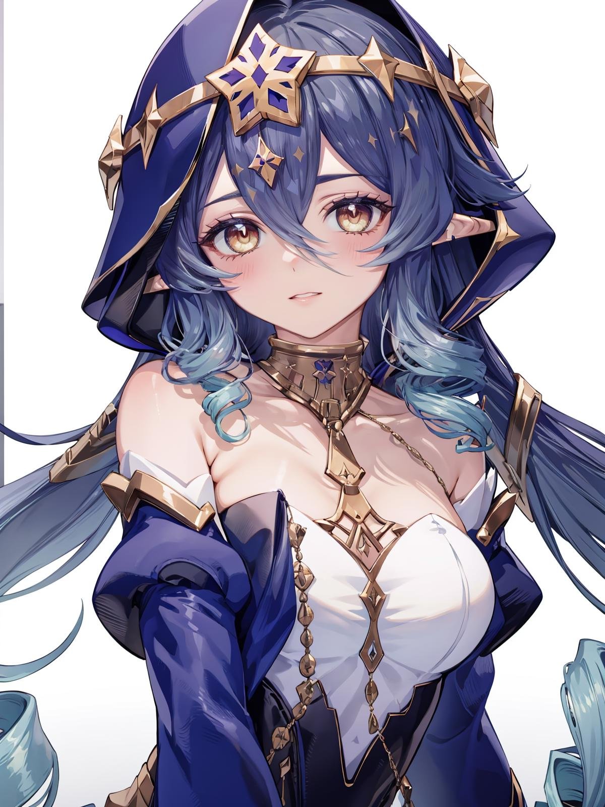 (extremely detailed CG, best quality:1.1), 1girl, perfect face, bright pupils, (finely detailed beautiful eyes:1.1), shiny skin, lustrous skin, wide hips, narrow waist, very long hair, drill hair, drill locks, pointy ears, blue hair, hair between eyes, juliet sleeves, detached sleeves, puffy sleeves, bare shoulders, hood, black gloves, white pantyhose, claw ring, thighlet, jewelry, high heels, medium breasts, fetal position,   <lora:Layla:0.9>