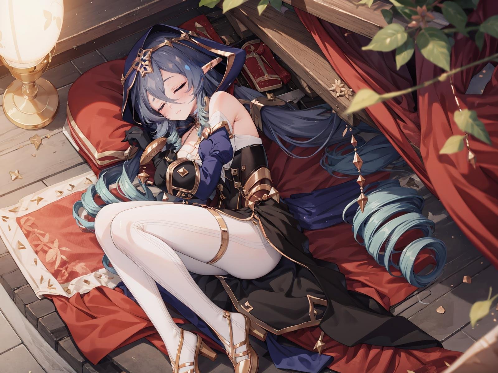 (extremely detailed CG, best quality:1.1), 1girl, perfect face, closed eyes, shiny skin, lustrous skin, wide hips, narrow waist, very long hair, drill hair, drill locks, pointy ears, blue hair, hair between eyes, juliet sleeves, detached sleeves, puffy sleeves, bare shoulders, hood, black gloves, white pantyhose, claw ring, thighlet, jewelry, high heels, medium breasts, library, sleeping, fetal position, lying, on floor, from above, full body, depth of field,  <lora:Layla:0.9>