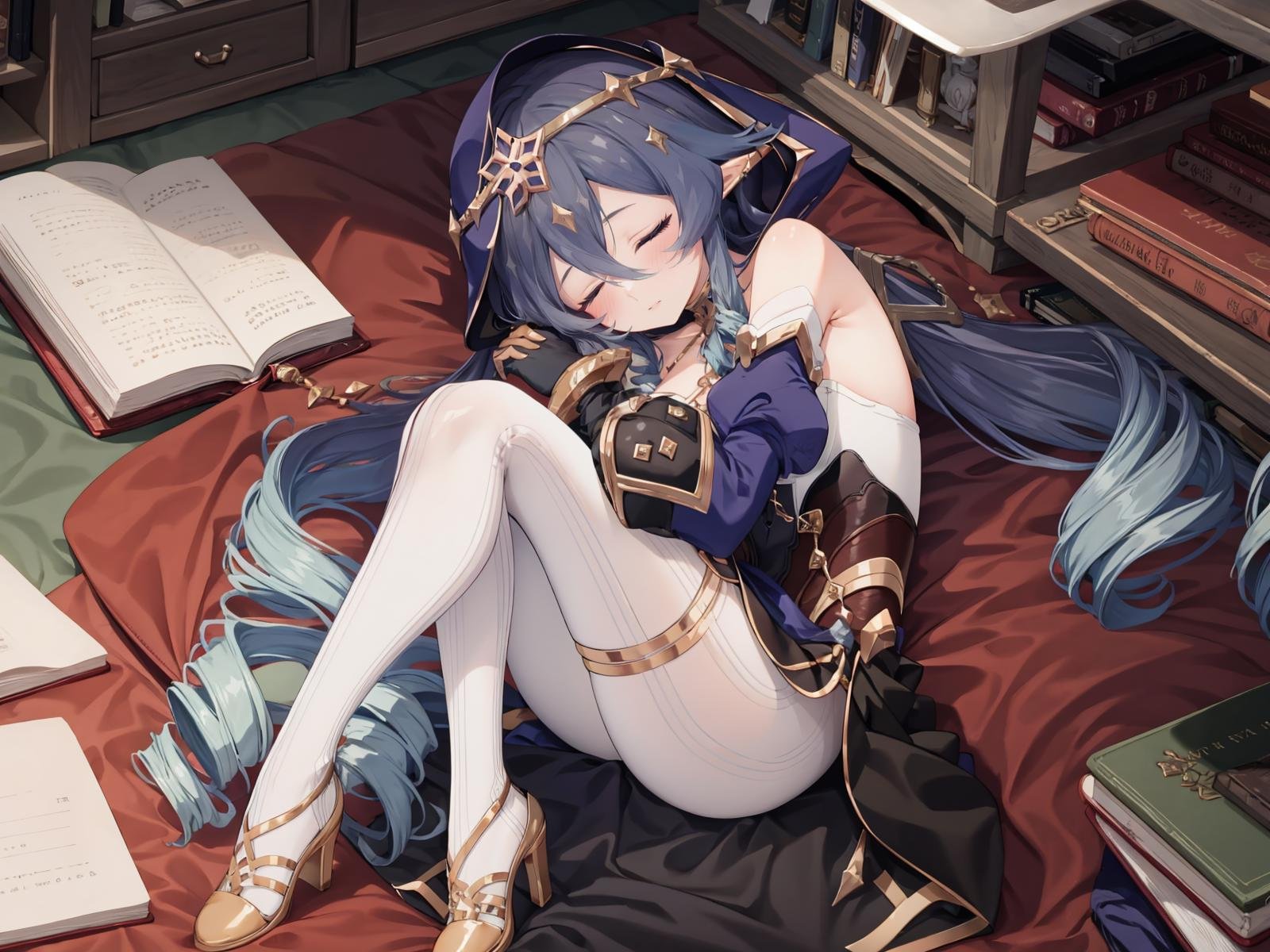 (extremely detailed CG, best quality:1.1), 1girl, perfect face, closed eyes, shiny skin, lustrous skin, wide hips, narrow waist, very long hair, drill hair, drill locks, pointy ears, blue hair, hair between eyes, juliet sleeves, detached sleeves, puffy sleeves, bare shoulders, hood, black gloves, white pantyhose, claw ring, thighlet, jewelry, high heels, medium breasts, library, sleeping, fetal position, lying, on floor, from above, full body, depth of field,  <lora:Layla:0.9>