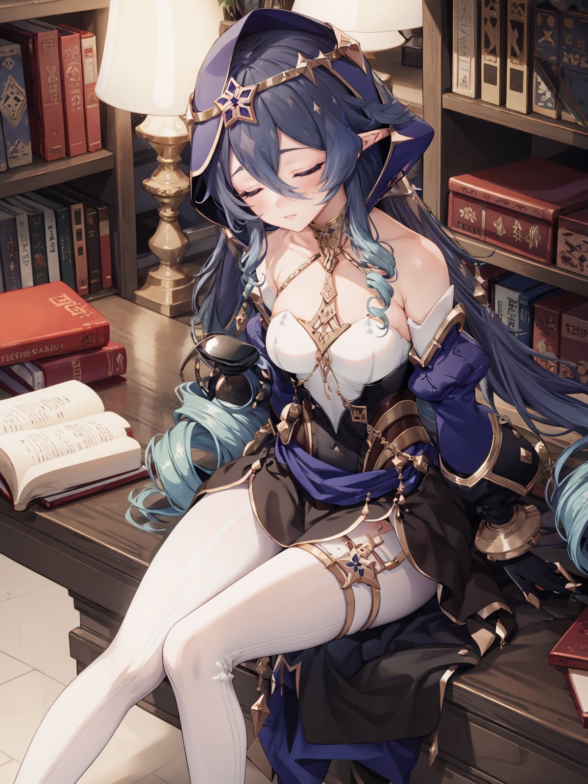 (extremely detailed CG, best quality:1.1), 1girl, perfect face, closed eyes, shiny skin, lustrous skin, wide hips, narrow waist, very long hair, drill hair, drill locks, pointy ears, blue hair, hair between eyes, juliet sleeves, detached sleeves, puffy sleeves, bare shoulders, hood, black gloves, white pantyhose, claw ring, thighlet, jewelry, high heels, medium breasts, sitting, library, sleeping,   <lora:Layla:0.9>