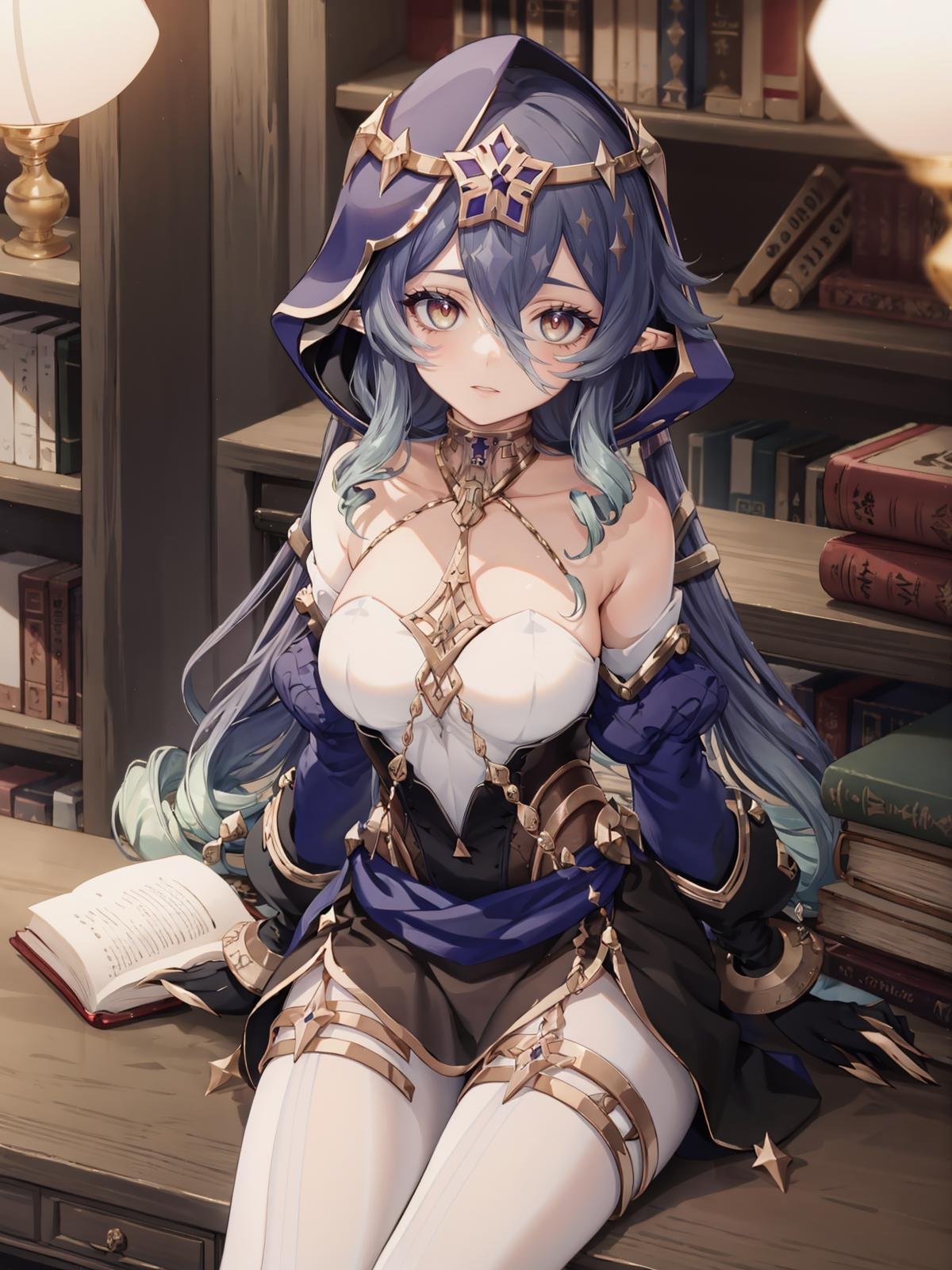 (extremely detailed CG, best quality:1.1), 1girl, perfect face, bright pupils, (finely detailed beautiful eyes:1.1), shiny skin, lustrous skin, wide hips, narrow waist, very long hair, drill hair, drill locks, pointy ears, blue hair, hair between eyes, juliet sleeves, detached sleeves, puffy sleeves, bare shoulders, hood, black gloves, white pantyhose, claw ring, thighlet, jewelry, high heels, medium breasts, sitting, library,   <lora:Layla:0.9>