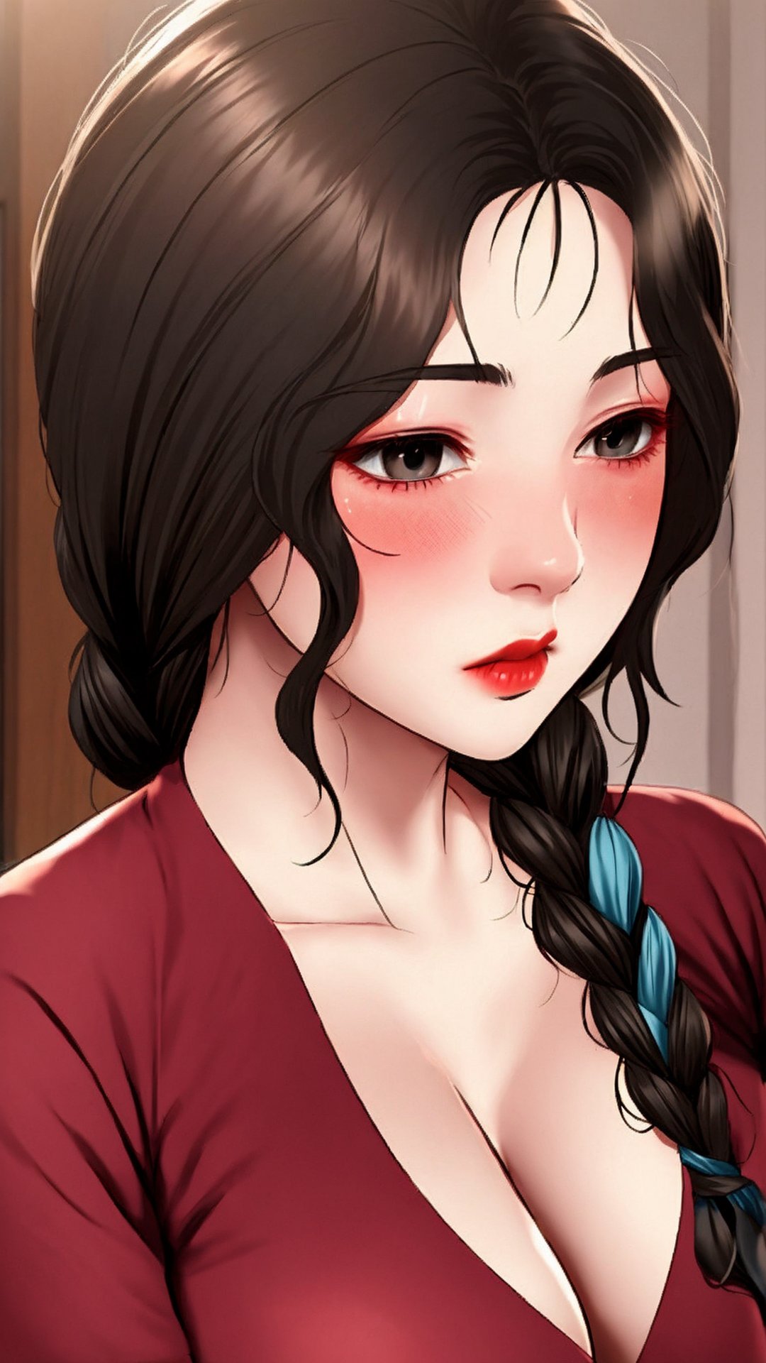 

mikyung, Black_hair, Long_hair, cleavage, lipstick, big breast, single braid, blush, ashamed, shy, 
