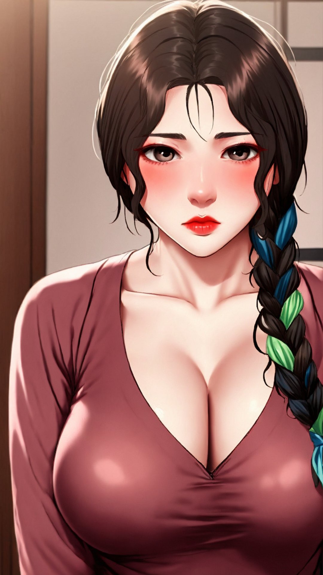 

mikyung, Black_hair, Long_hair, cleavage, lipstick, big breast, single braid, blush, ashamed, shy, 
