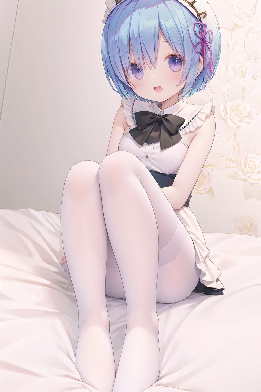 rem sitting on bed,legs raised,white stockings,bedroom background,<lora:kl-鬼针草V09:0.8>,